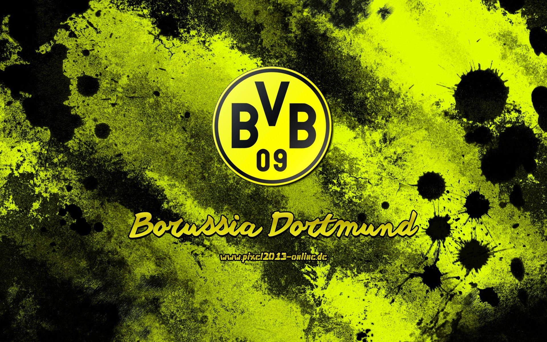 BVB-Logo, Borussia Dortmund, Farbspritzer, Neongelb, Schriftzug, Full HD, MacBook-Hintergrundbild