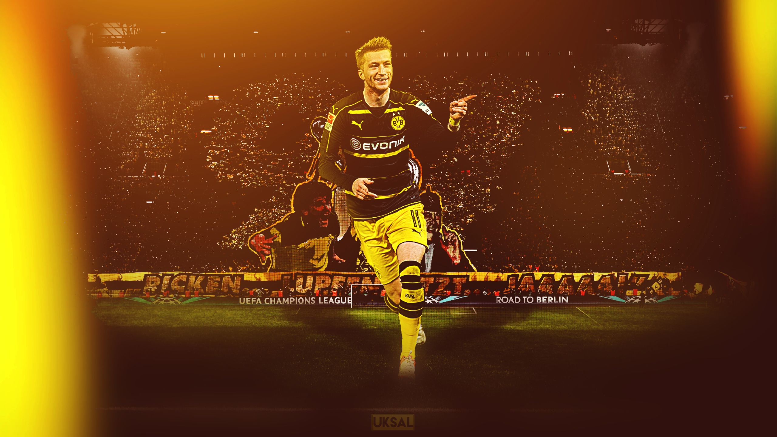 Marco Reus, Borussia Dortmund, Digitale Kunst, Torjubel, Orange Töne, 2560x1440, Desktop-Hintergrund