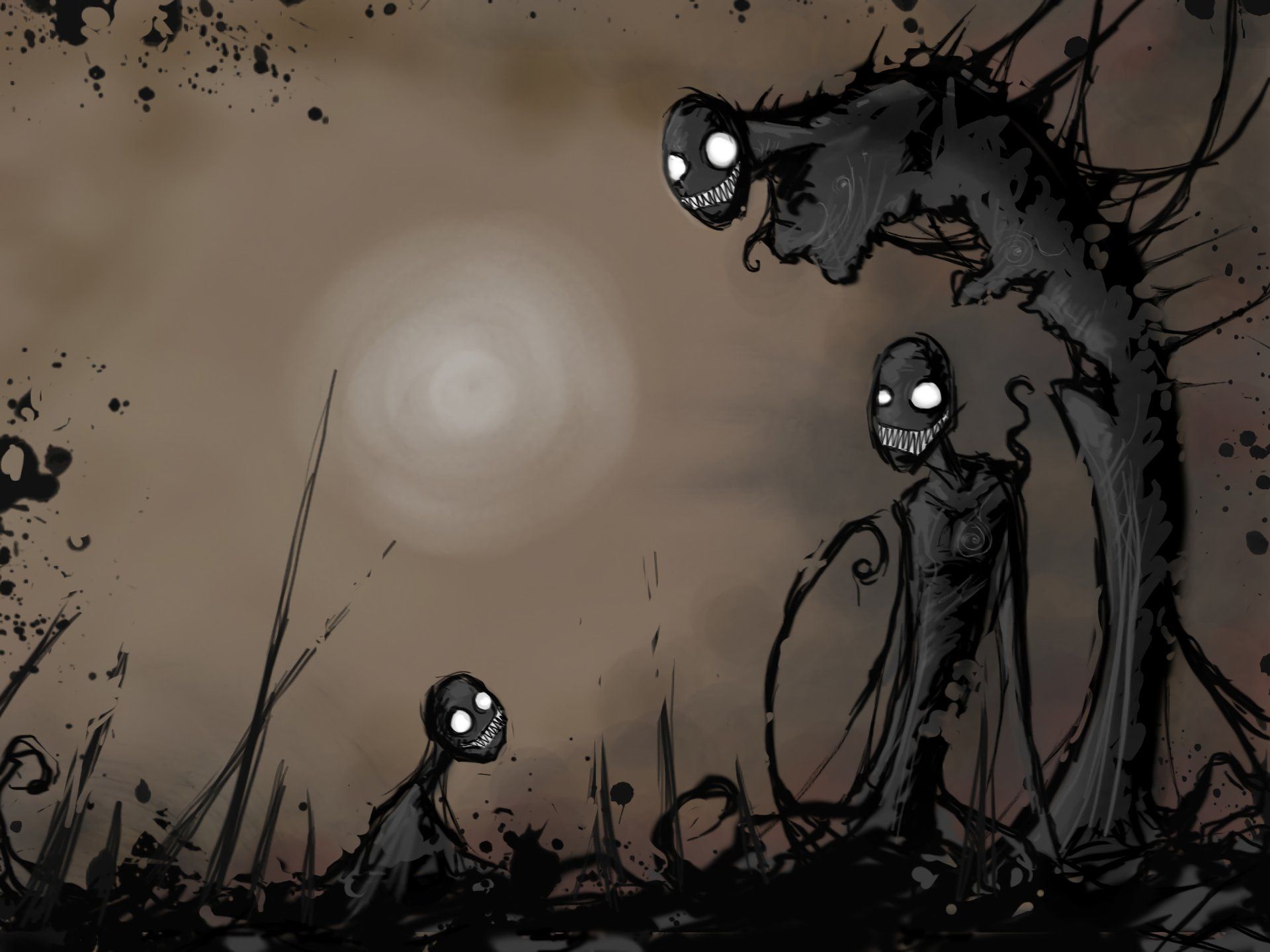 Schattenwesen, Leuchtende Augen, Sepia, Illustration, Unheimlich, Hintergrundbild fürs Tablet