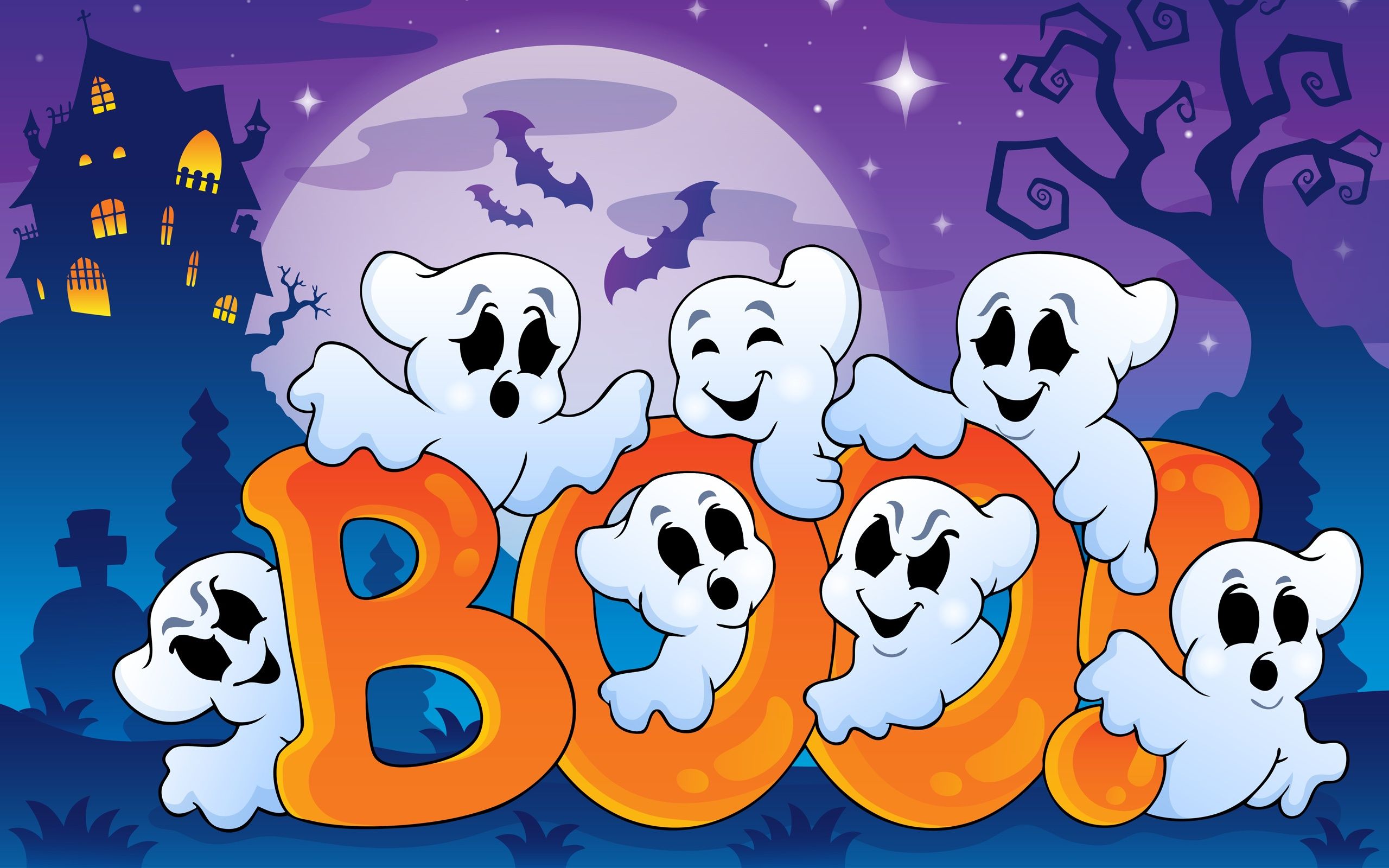 Boo, Geister, Halloween, Fledermäuse, Cartoon, Vollmond, 2K, Breitbild-Hintergrundbild
