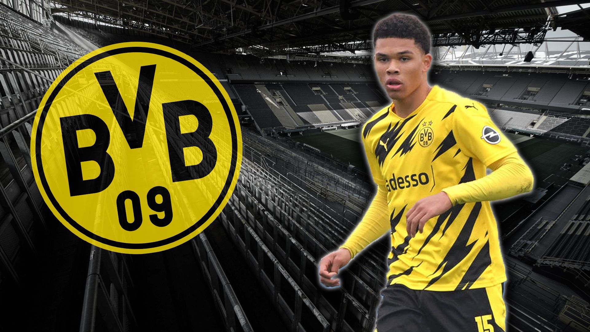 BVB-Logo, Fußballspieler, Trikot, Stadion, Schwarzweiß, 16:9, Full-HD-Hintergrundbild für den Desktop