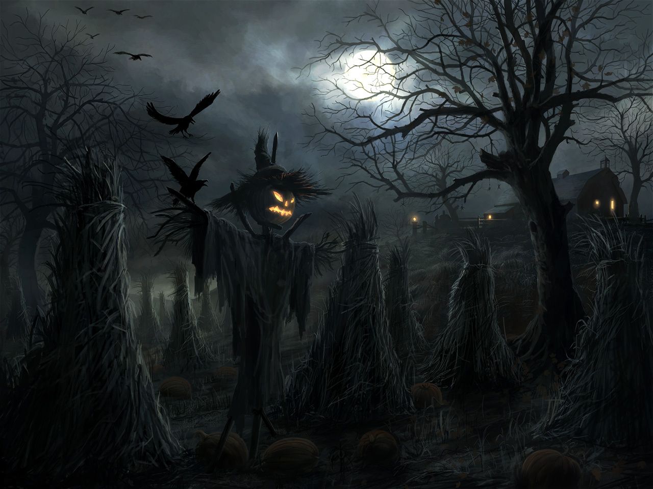 Vogelscheuche, Kürbiskopf, Friedhof, Nacht, Krähen, HD, Hintergrundbild fürs Tablet