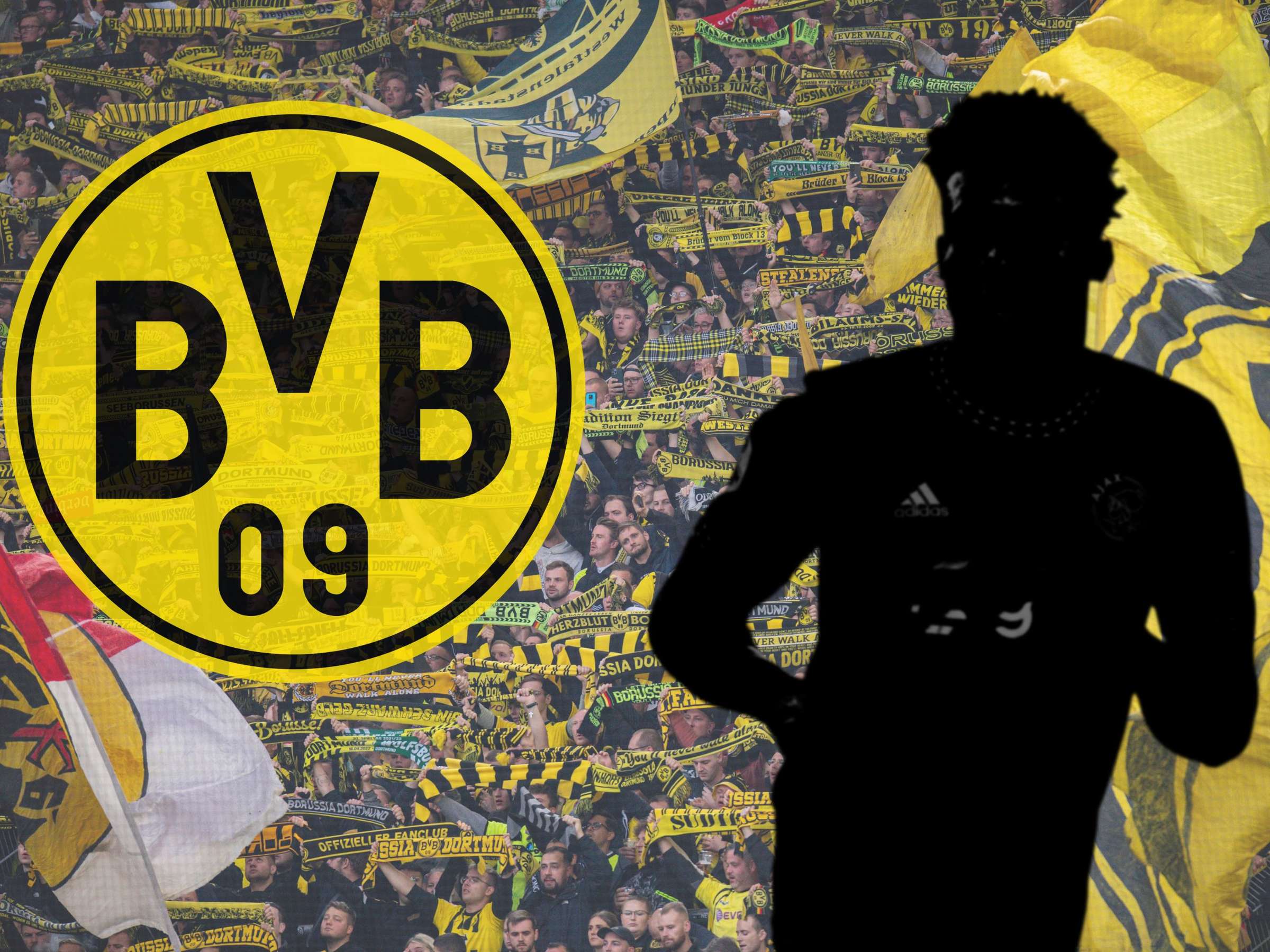 BVB-Logo, Silhouette, Fans, Gelbe Wand, Fahnen, Full HD, Hintergrundbild fürs Tablet