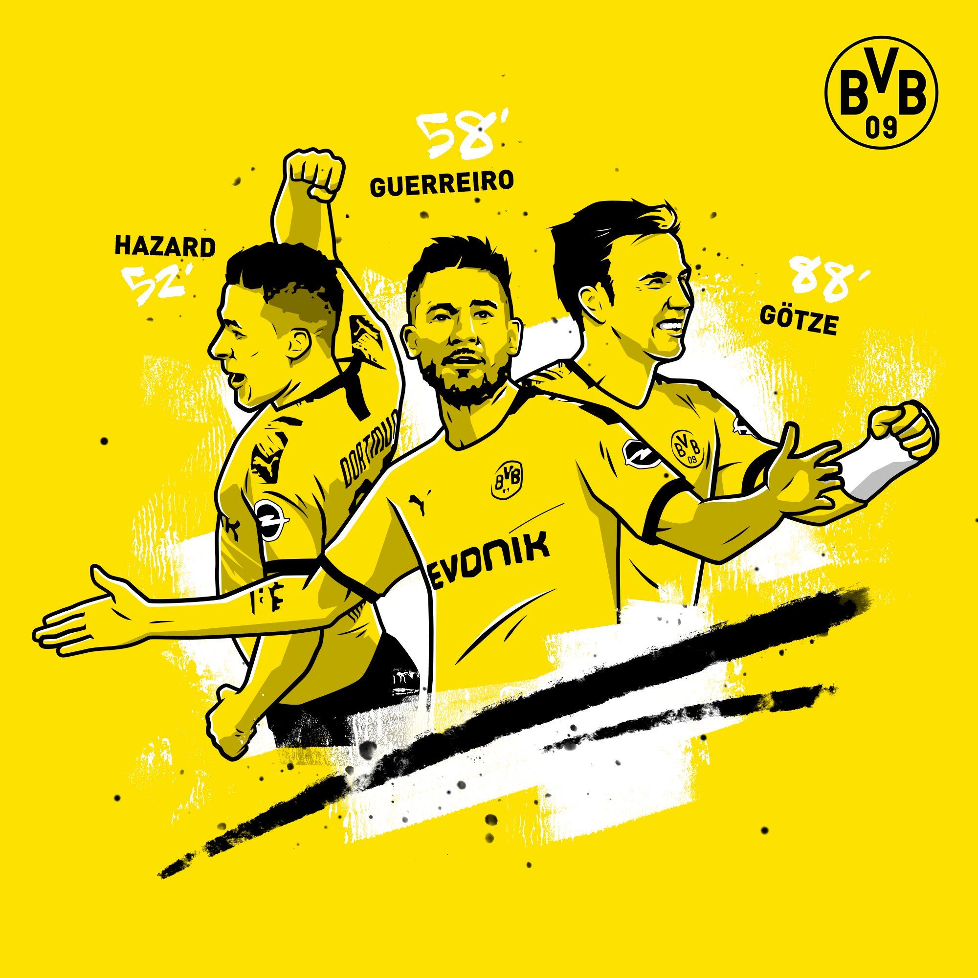 Thorgan Hazard, Raphaël Guerreiro, Mario Götze, Illustration, Gelber Hintergrund, Full HD Wallpaper