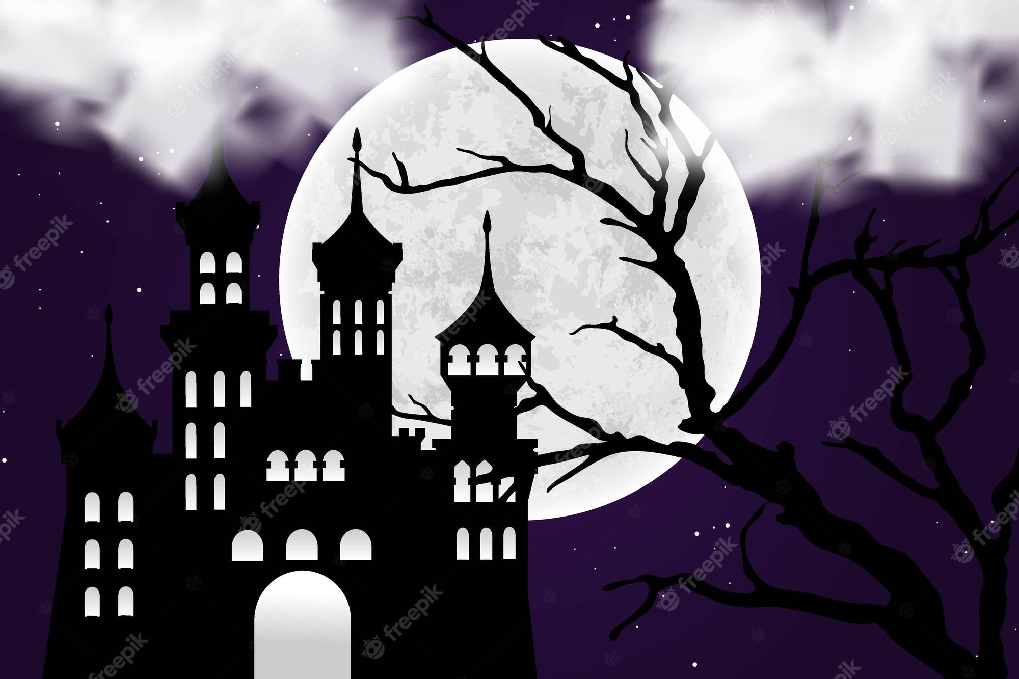 Schloss, Silhouette, Vollmond, Kahler Baum, Lila Himmel, Full HD, PC-Hintergrundbild