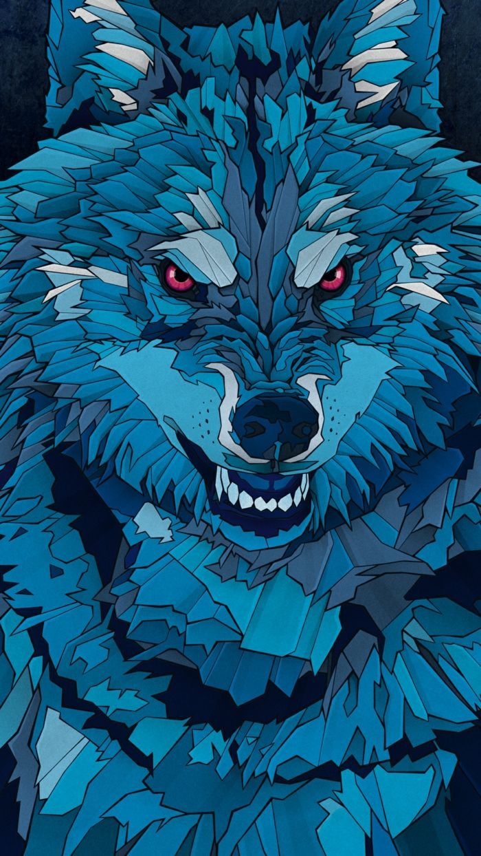 Wolf, Blau, Rote Augen, Illustration, Zähnefletschen, Hintergrundbild für iPhone und Android