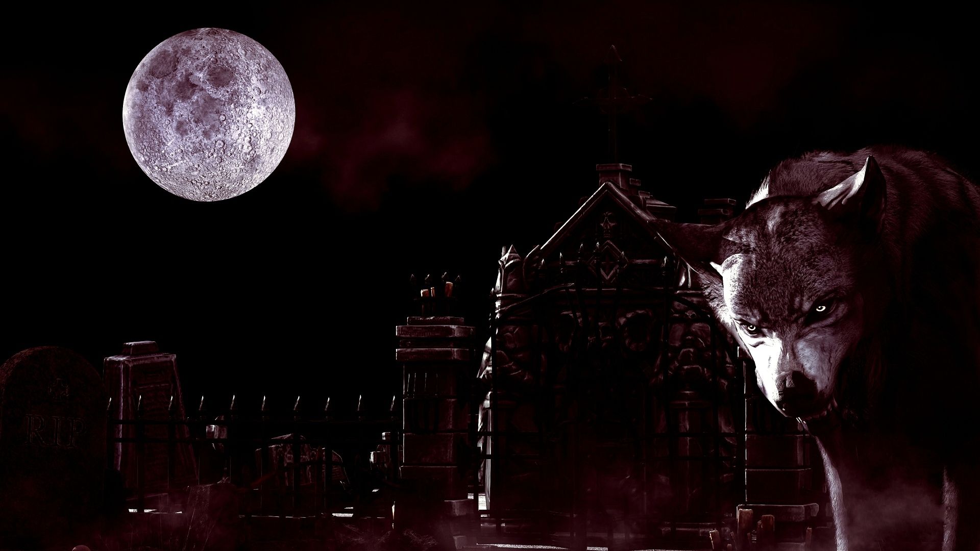 Werwolf, Vollmond, Spukhaus, Nacht, Dunkelrot, 16:9, Full-HD-Hintergrundbild für den Desktop