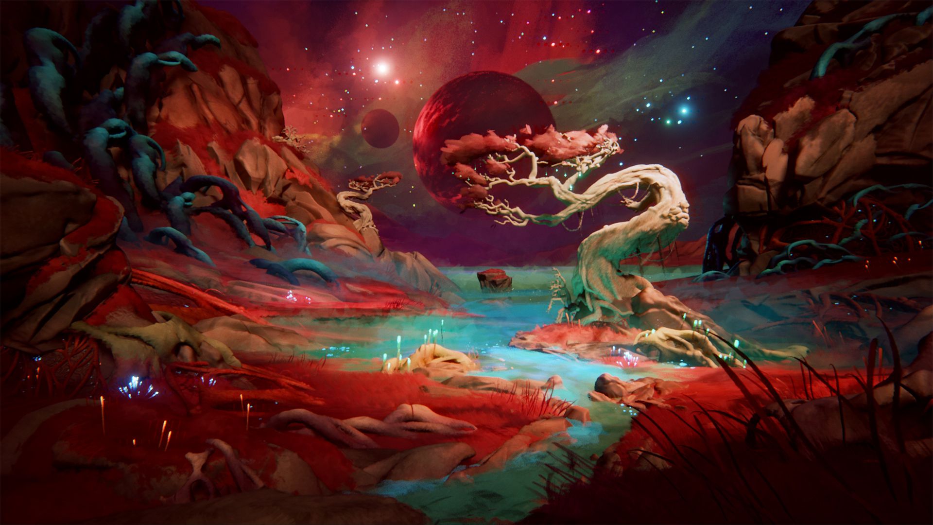 Surreal, Rote Landschaft, Baum, Fantasie, Planet, 16:9, Full-HD-Hintergrundbild für den Desktop