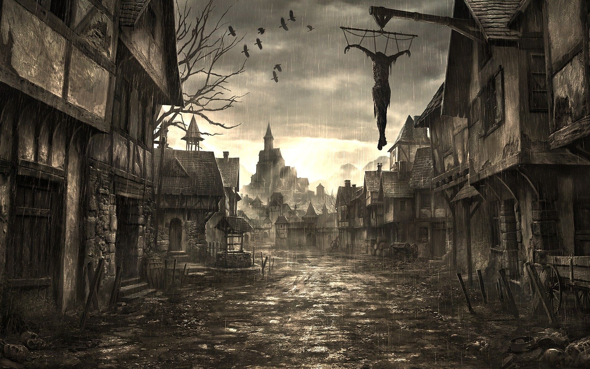 Geisterstadt, Gehängter, Verlassene Straße, Sepia, Krähen, Full HD, Windows-Hintergrundbild
