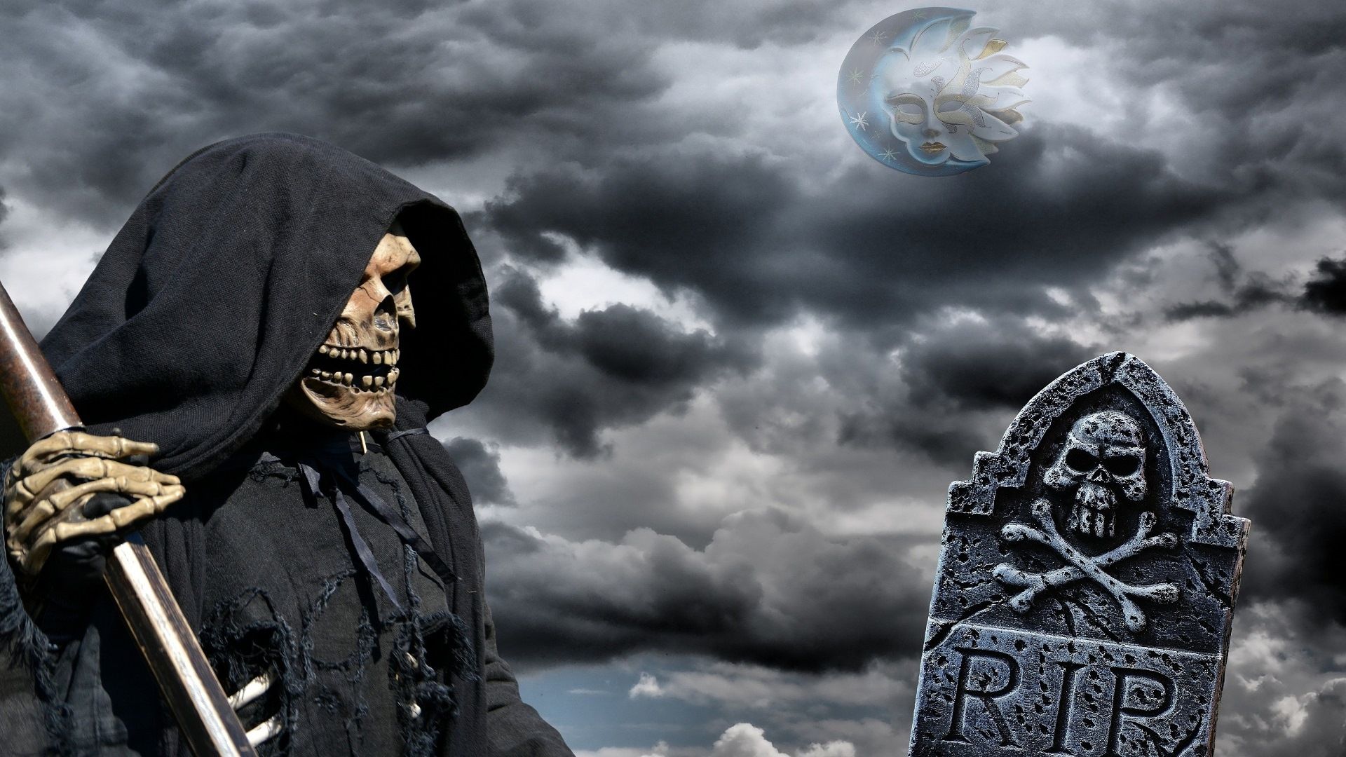 Sensenmann, Grabstein, RIP, Gewitterwolken, Mond, Skelett, 1920x1080, Desktop-Hintergrund