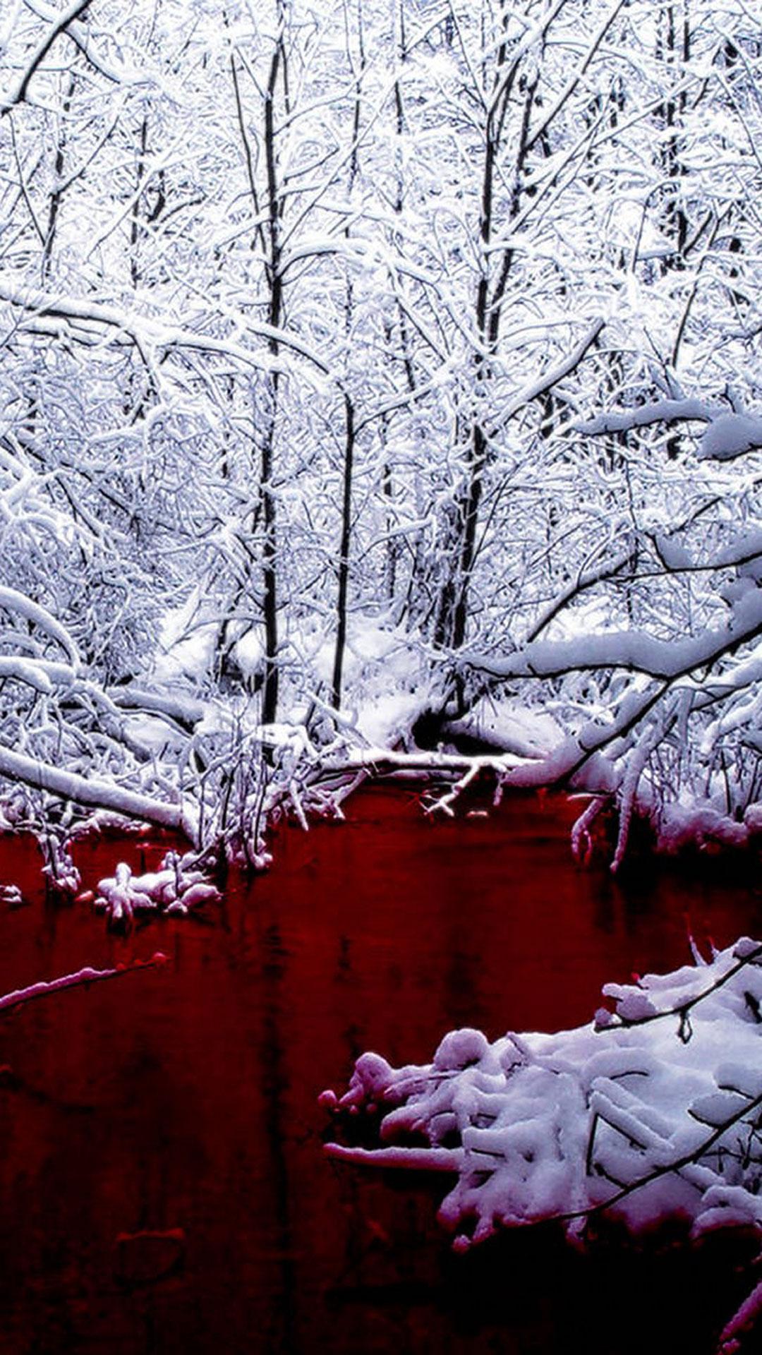 Verschneiter Wald, Blut, Winter, Rot-Weiß, Unheimlich, Full HD, Hintergrundbild fürs Handy