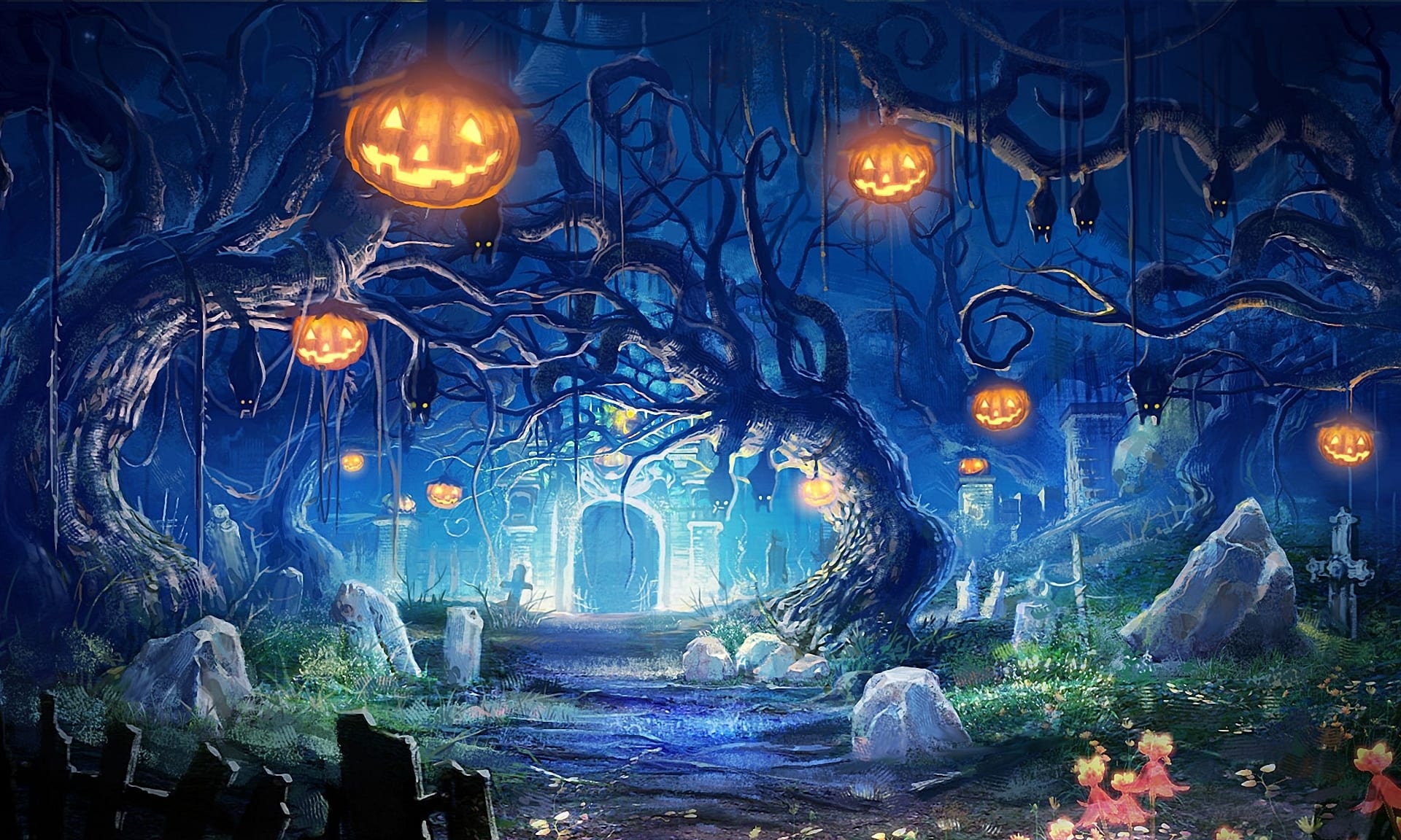 Halloween, Kürbislaternen, Friedhof, Verwunschener Wald, Blaue Nacht, Full HD, Laptop-Hintergrundbild