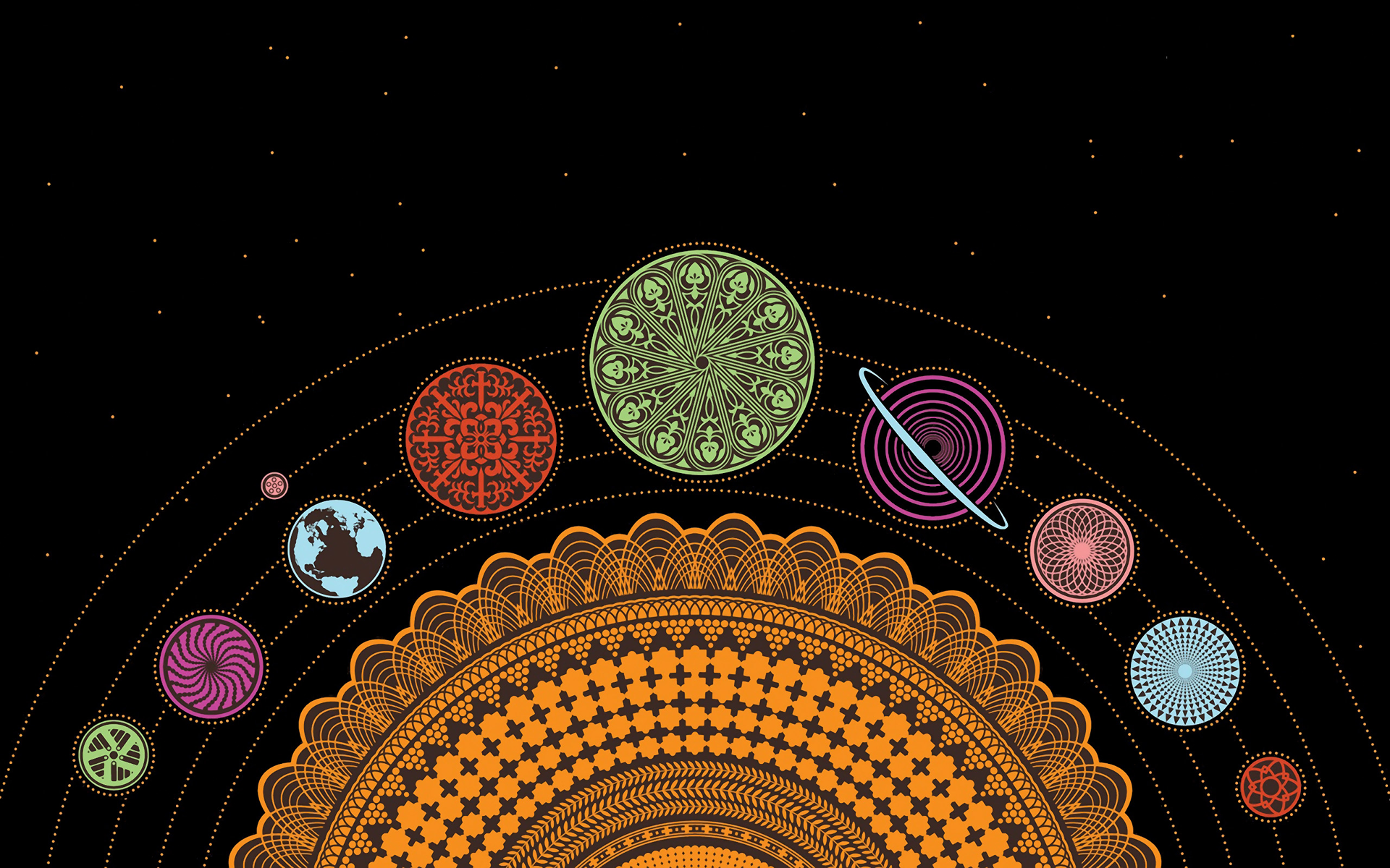 Chakra-Symbole, Mandala, Planeten, Sonnensystem, Schwarzer Hintergrund, Full HD Wallpaper