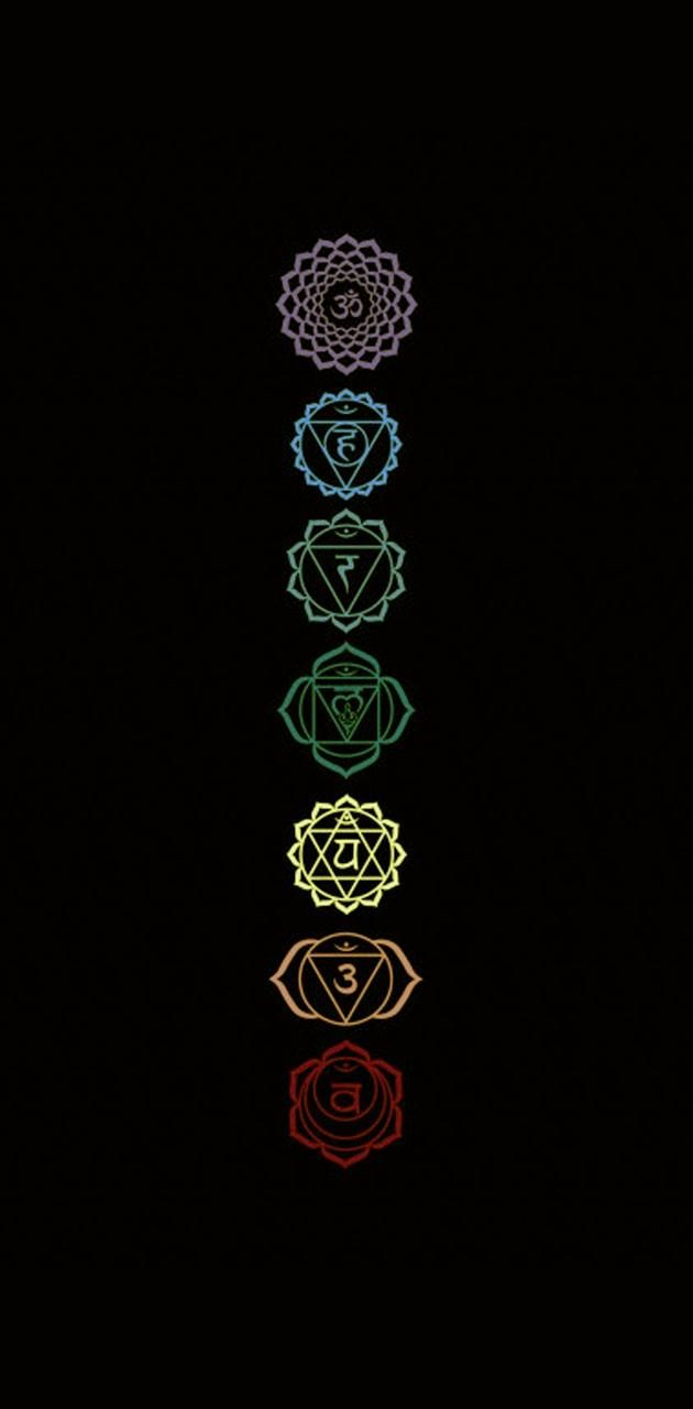 Chakra-Symbole, Linienkunst, Schwarzer Hintergrund, Minimalistisch, Bunt, Sperrbildschirm fürs iPhone
