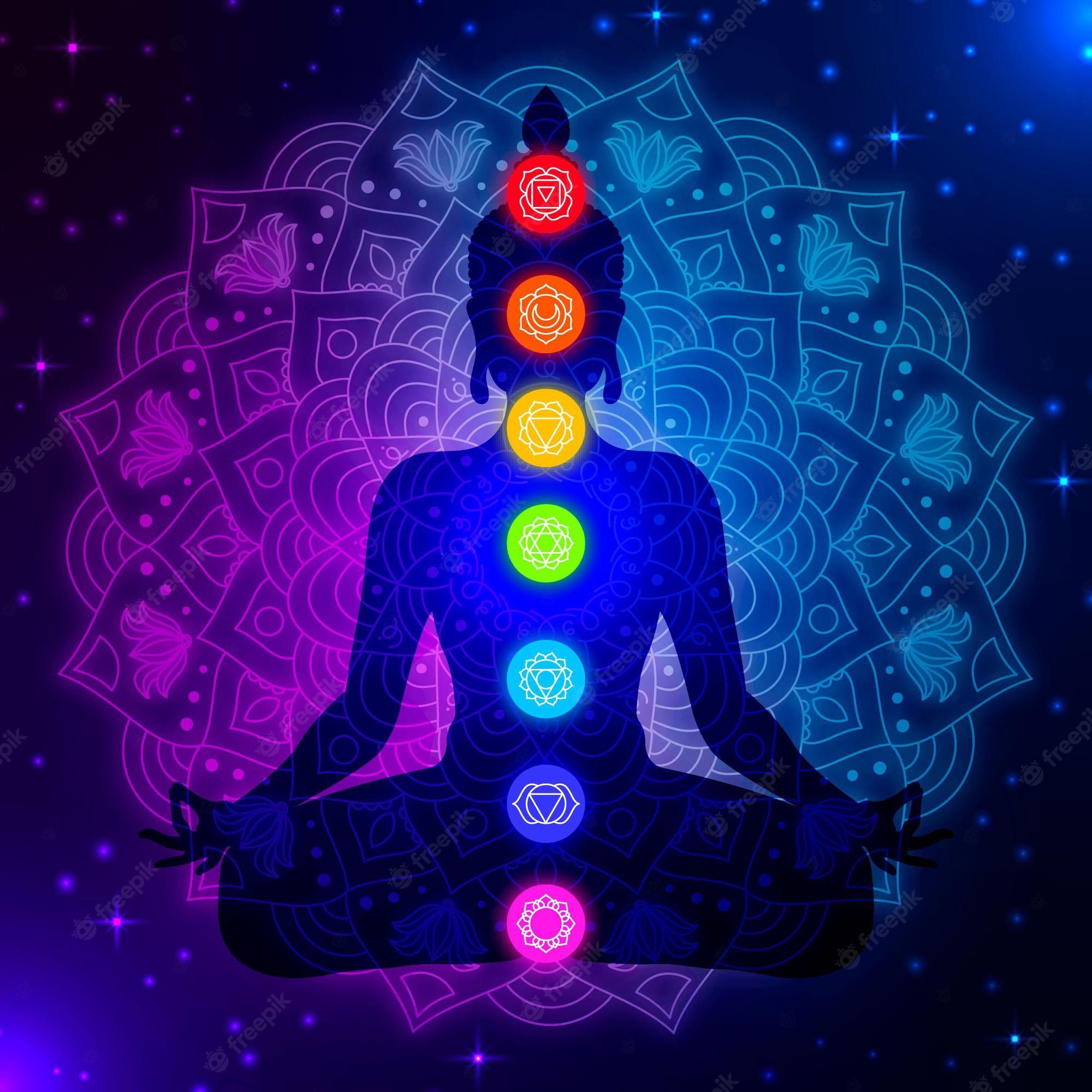 Meditation, Lotussitz, Sieben Chakren, Mandala, Lila-Blau, Full HD, Tablet-Hintergrund