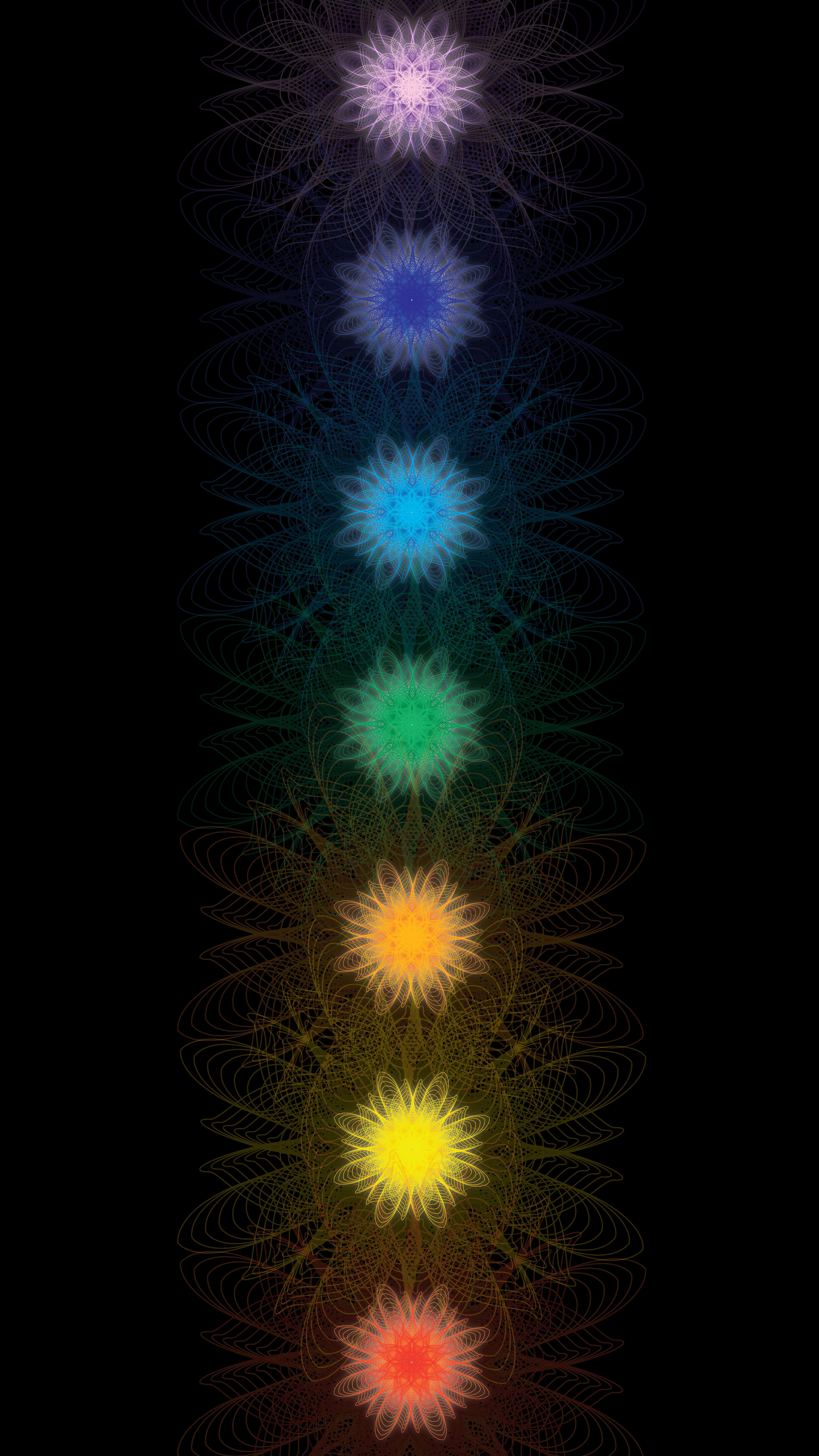 Chakren, Lichtpunkte, Schwarzer Hintergrund, Minimalistisch, Regenbogenfarben, Sperrbildschirm