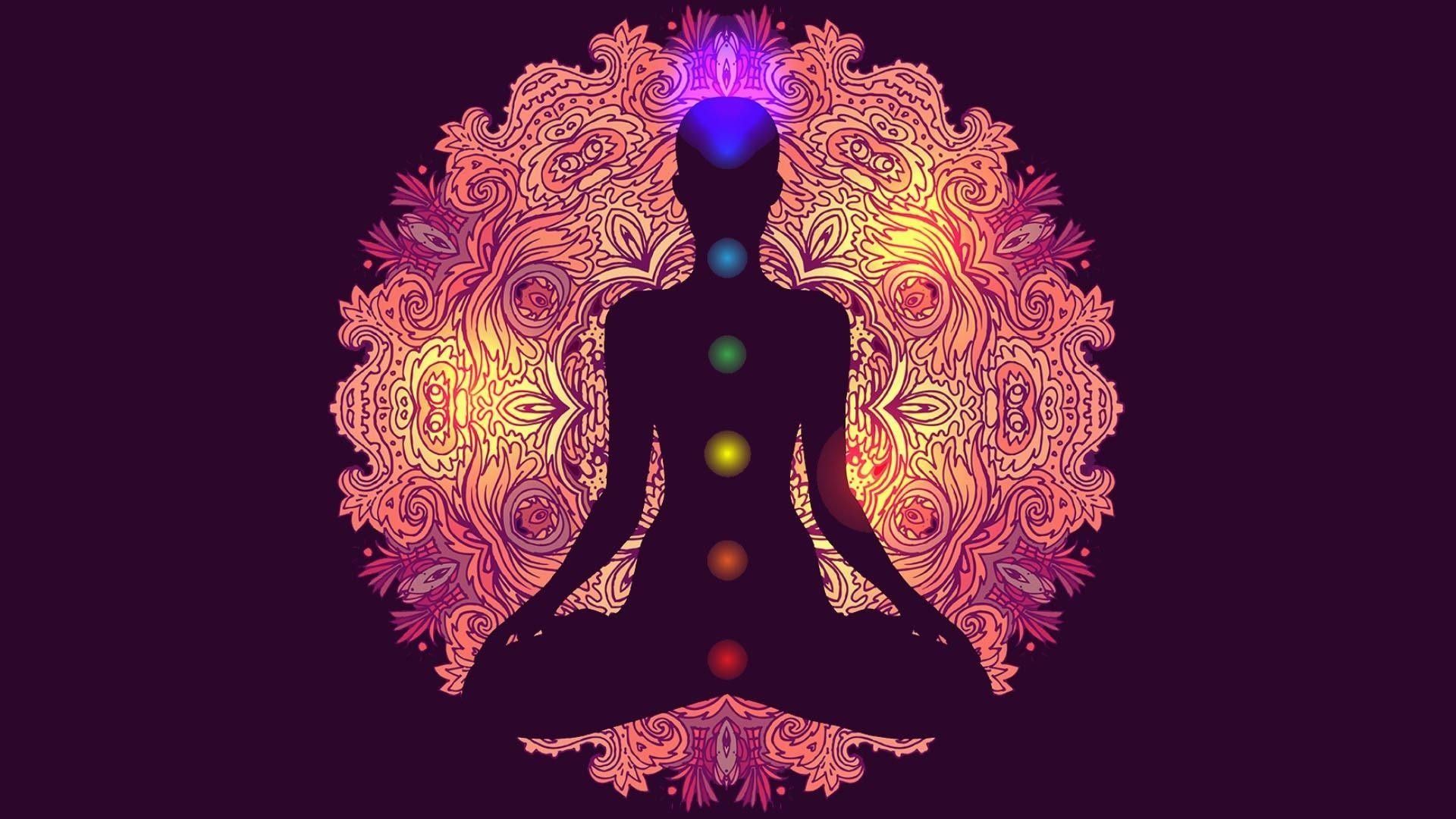Meditation, Silhouette, Mandala, Chakren, Lila Hintergrund, Full HD Wallpaper