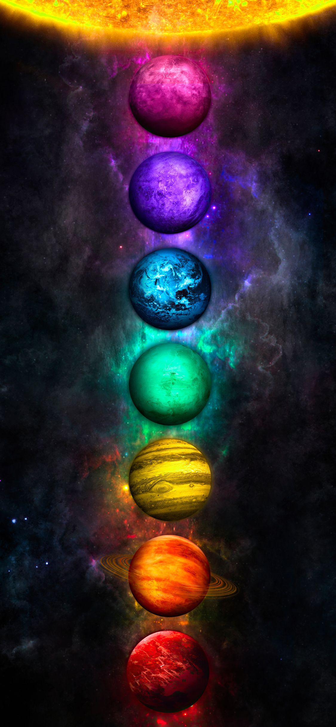 Chakren, Leuchtende Kugeln, Planeten, Kosmos, Regenbogenfarben, Full HD, iPhone-Hintergrundbild