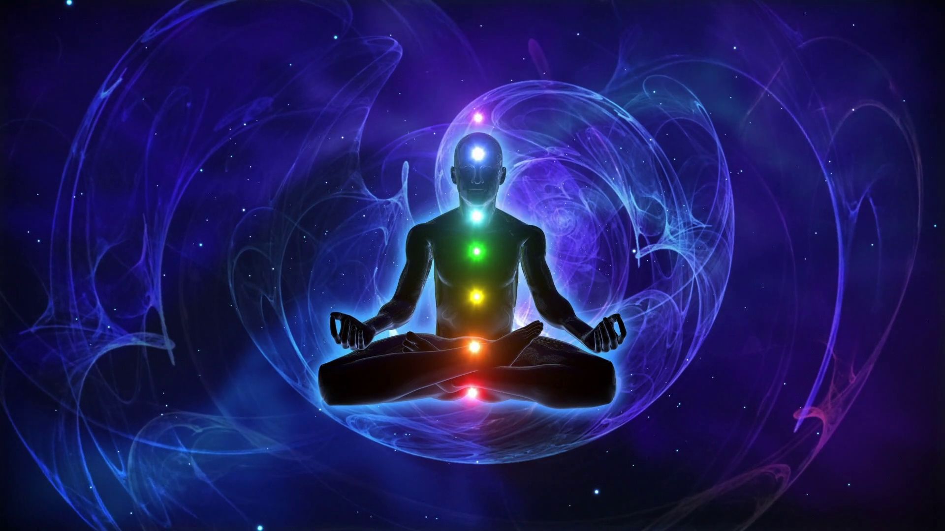 Meditation, Lotussitz, Chakren, Energiewirbel, Blaues Licht, Full HD, Desktop-Hintergrund