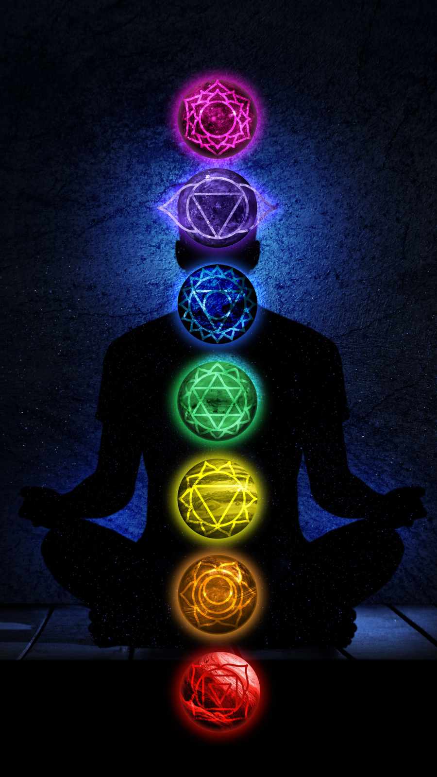 Meditation, Sieben Chakren, Silhouette, Leuchtende Symbole, Dunkel, HD, iPhone-Hintergrundbild