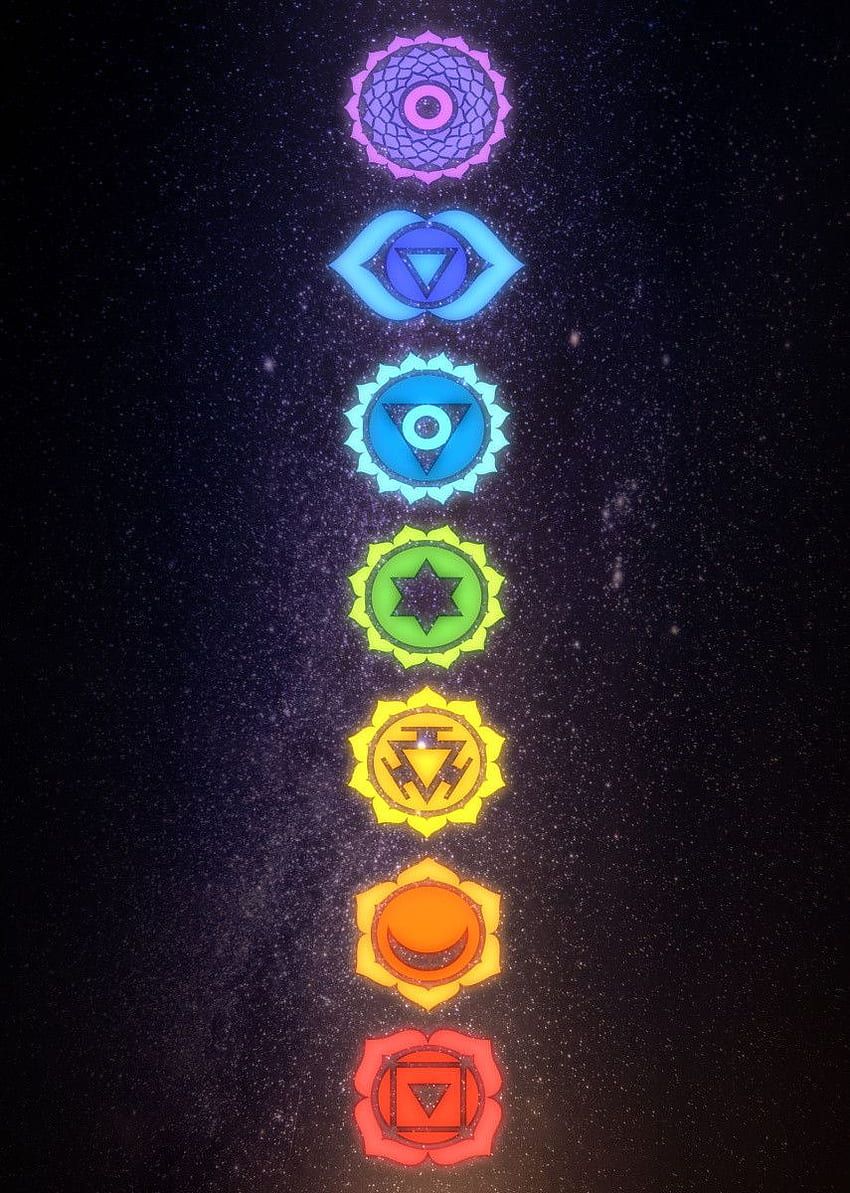 Sieben Chakren, Chakra-Symbole, Leuchten, Dunkler Hintergrund, Hochformat, HD Wallpaper