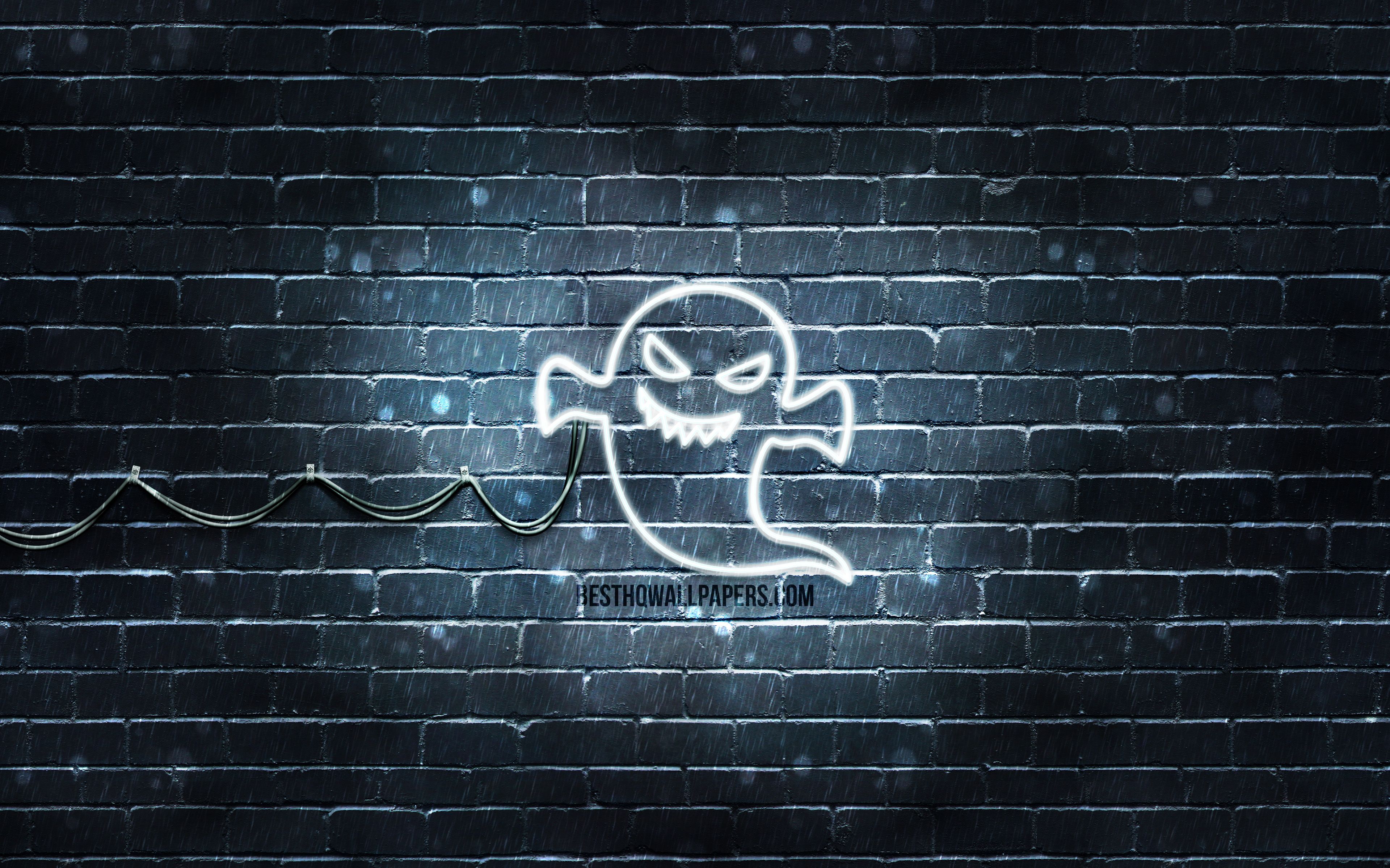 Geist, Neonlicht, Ziegelwand, Leuchtreklame, Dunkel, 4K, Hintergrund für den Desktop