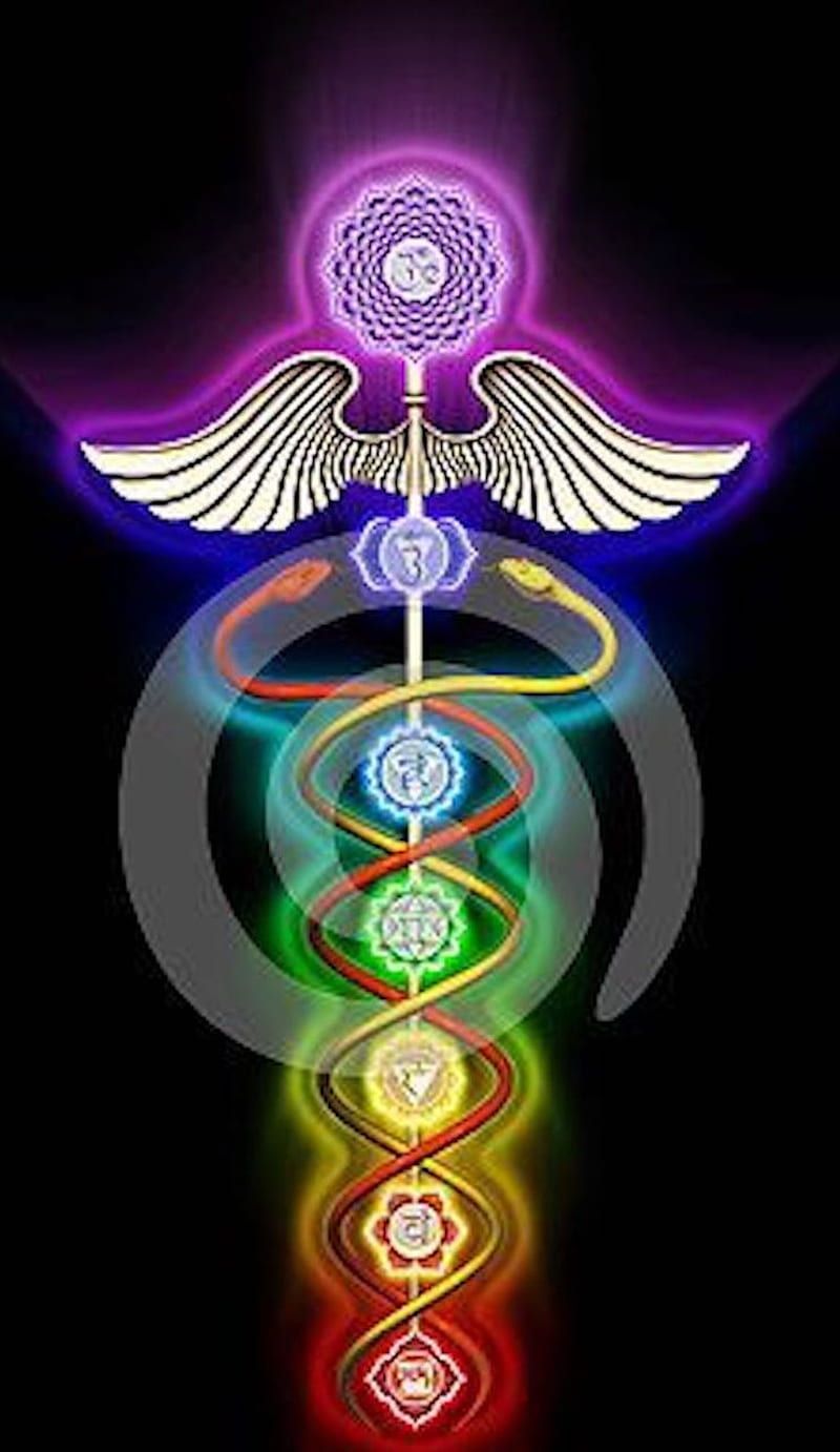 Caduceus, Kundalini, Chakren, Flügel, Lotus, Hintergrundbild für iPhone und Android