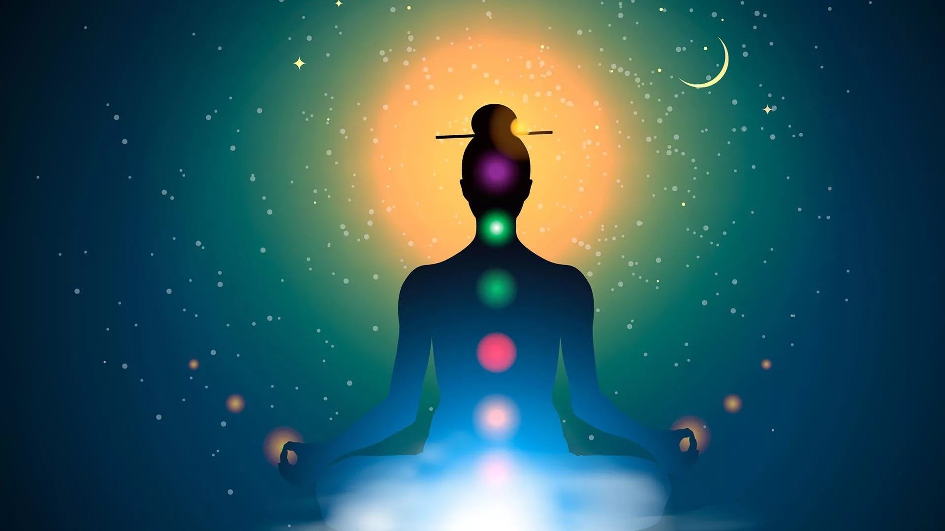 Meditation, Silhouette, Chakren, Sternenhimmel, Mondsichel, Leuchten, Full HD, Laptop-Hintergrundbild
