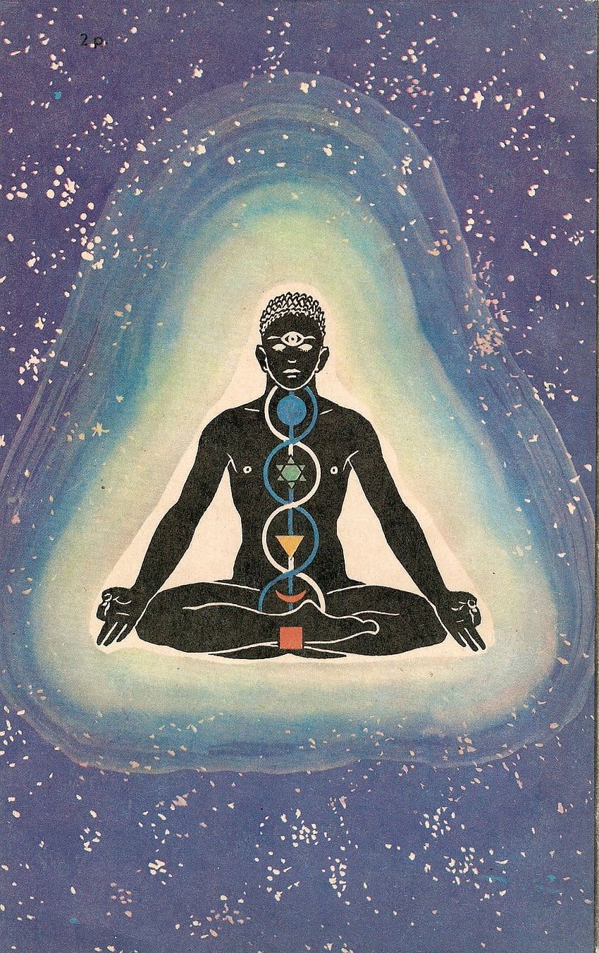 Meditation, Lotussitz, Chakren, Aura, Sterne, Hochformat, Hintergrundbild fürs Smartphone