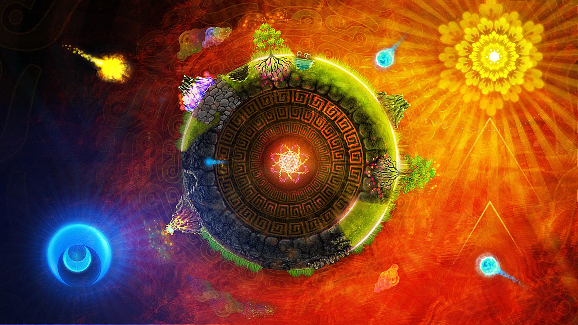Kosmische Kunst, Mandala, Sonne, Feuer, Spirituell, Full HD, Desktop-Hintergrund für Windows