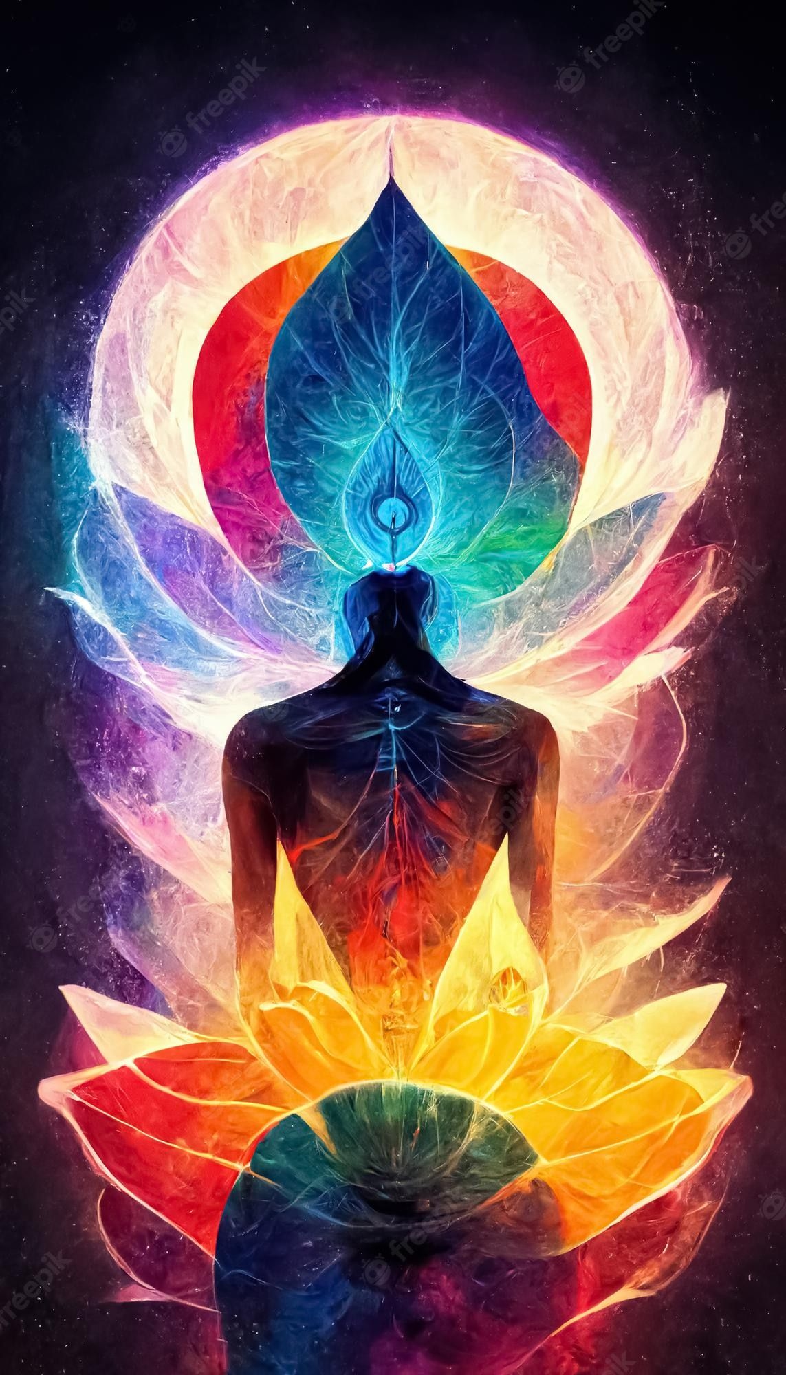 Meditation, Lotusblüte, Silhouette, Aura, Bunt, Full HD, Handy-Hintergrund im Hochformat