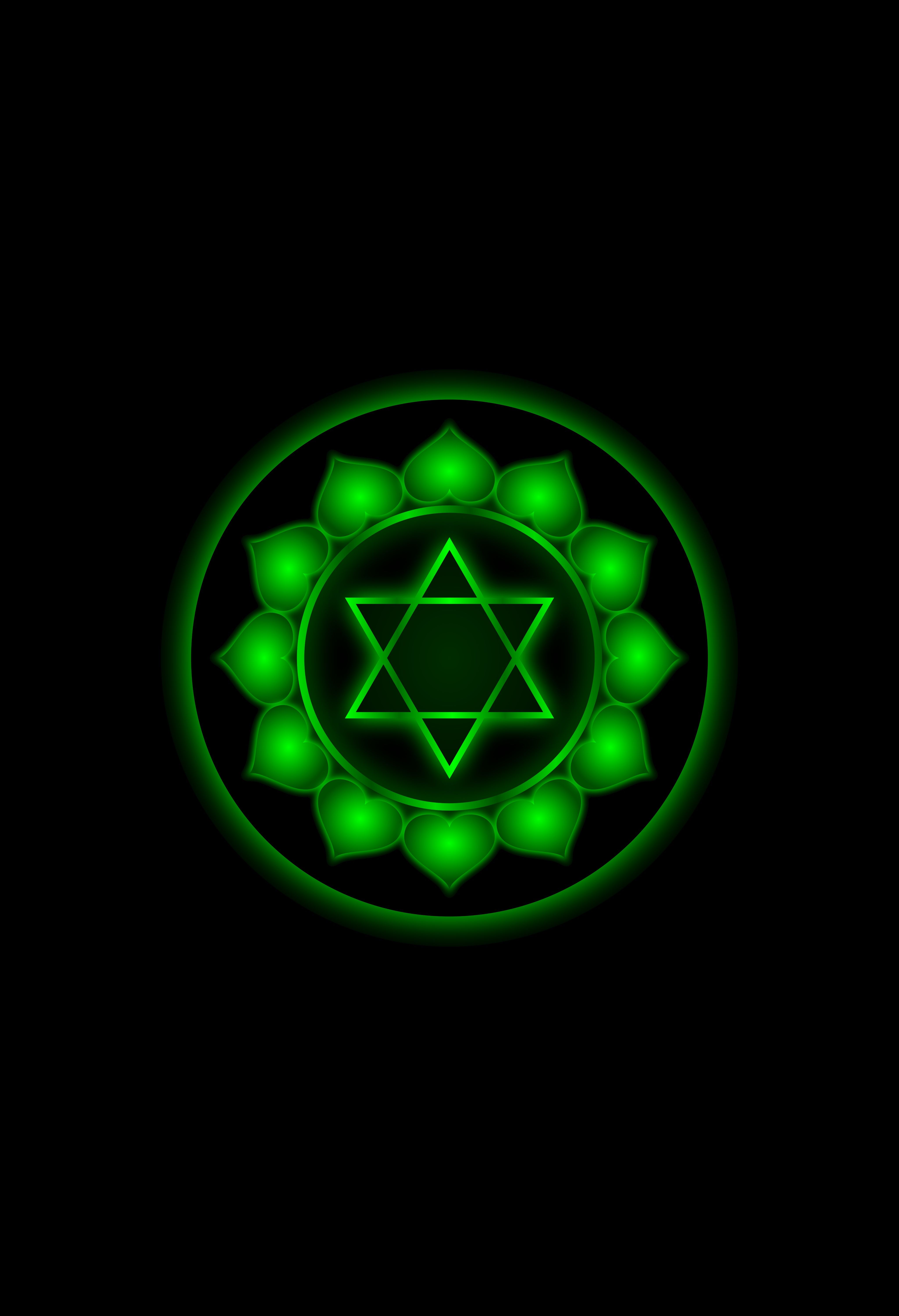 Herzchakra, Anahata, Hexagramm, Grünes Leuchten, Schwarzer Hintergrund, QHD+ Wallpaper