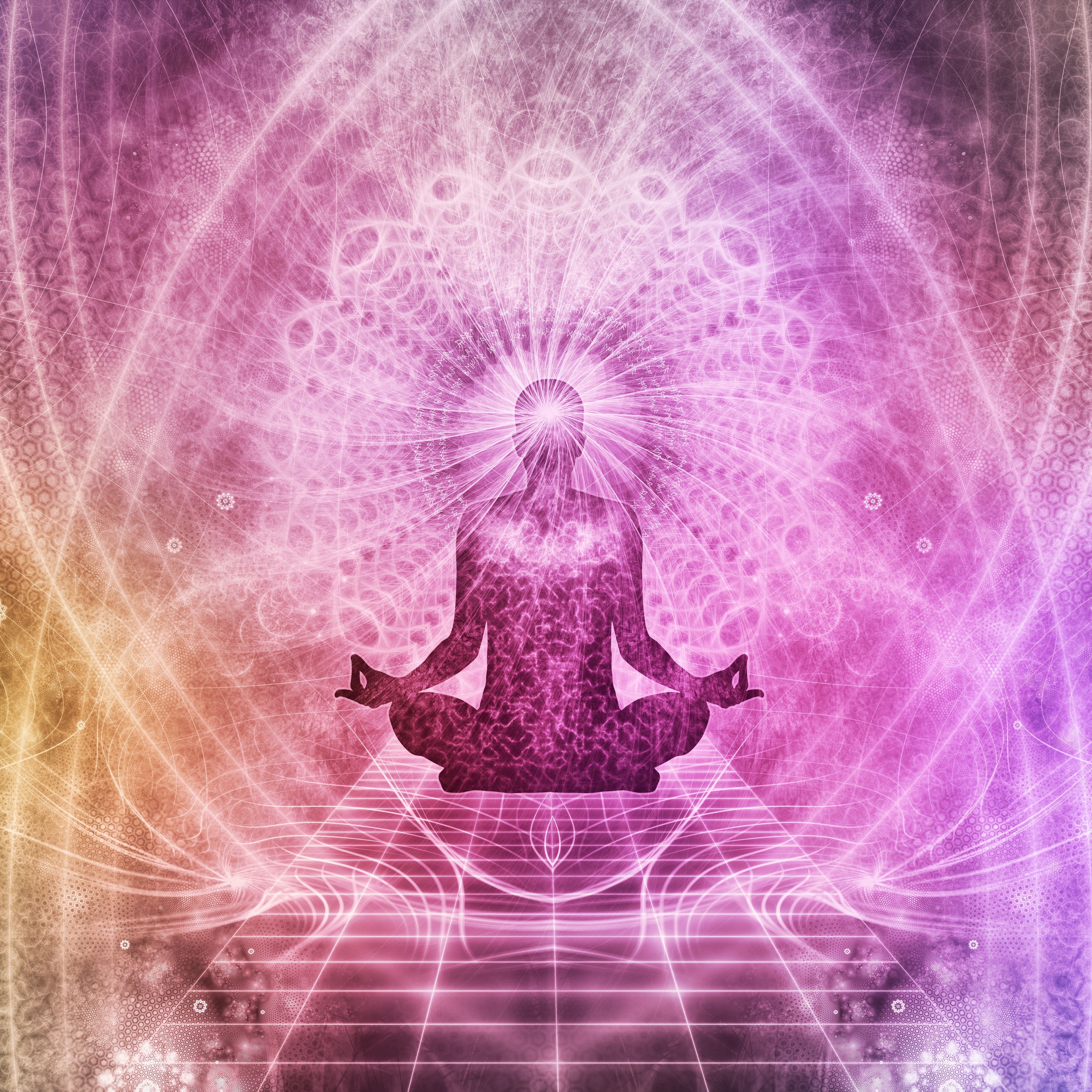 Meditation, Lotussitz, Heilige Geometrie, Rosa Licht, Spirituell, 2K, Tablet-Hintergrund
