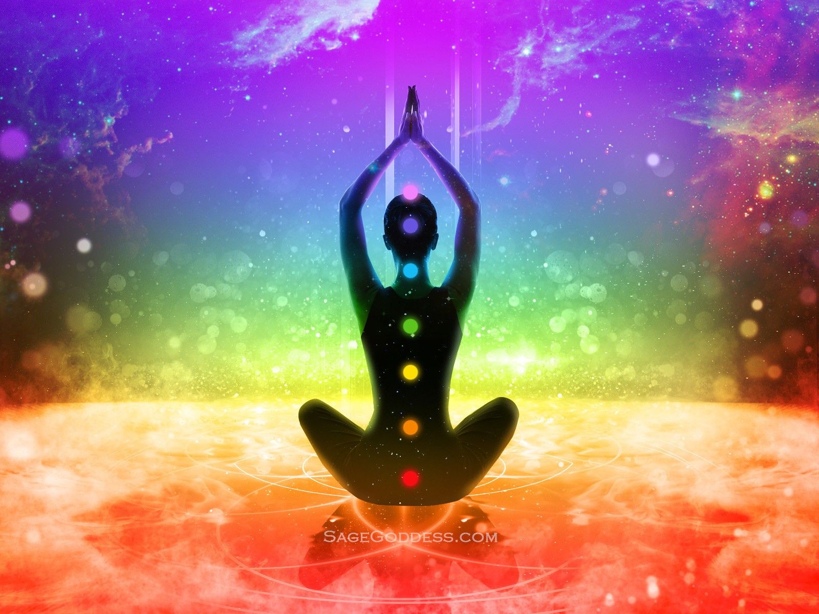 Yoga, Silhouette, Chakren, Regenbogenfarben, Lichtstrahlen, HD, iPad-Hintergrundbild