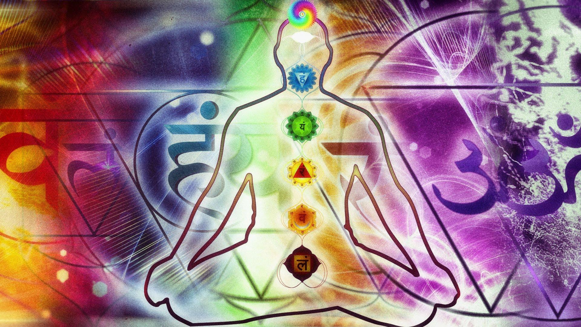 Meditation, Chakren, Om-Symbol, Linienkunst, Bunt, 16:9, Full-HD-Hintergrundbild für den Desktop
