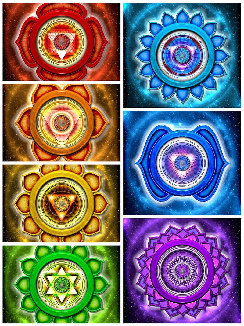 Sieben Chakren, Chakra-Symbole, Raster, Mandalas, Bunt, HD, Hintergrundbild fürs Tablet