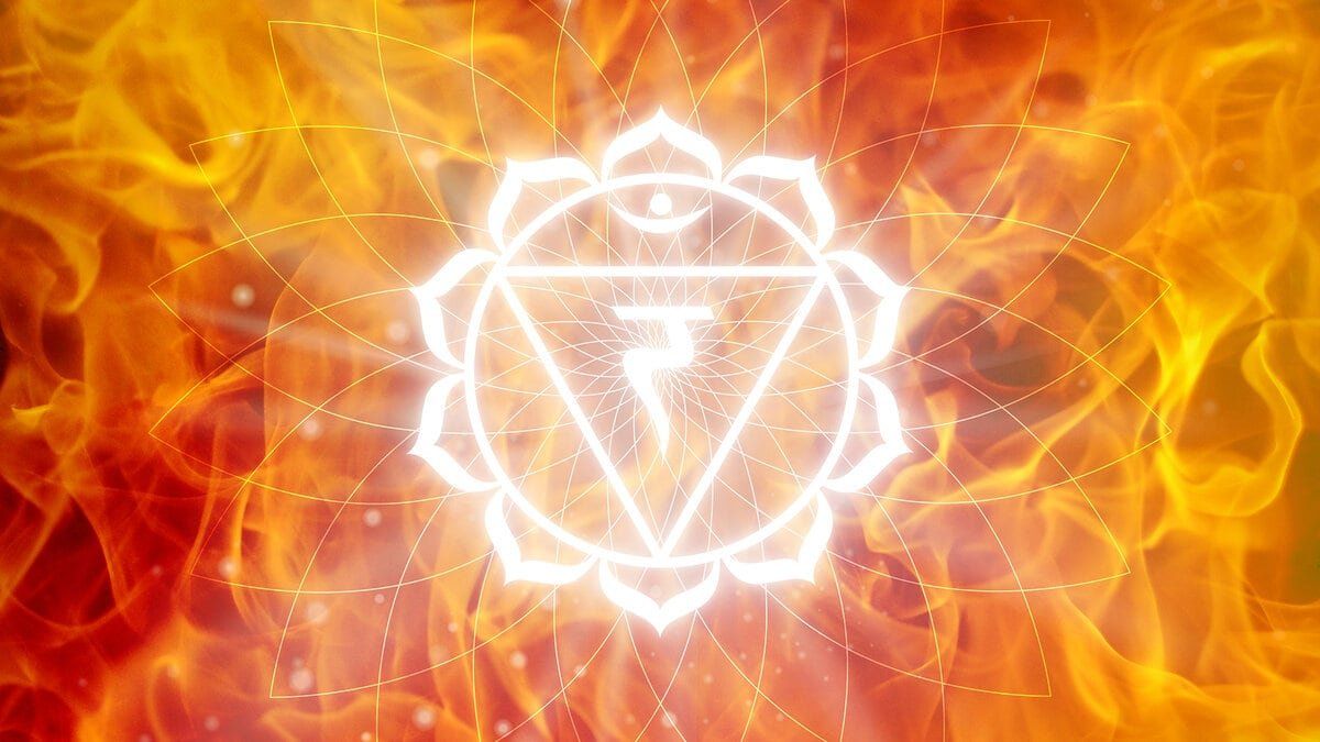Solarplexus-Chakra, Manipura, Feuer, Leuchtendes Symbol, Orange, Hintergrund