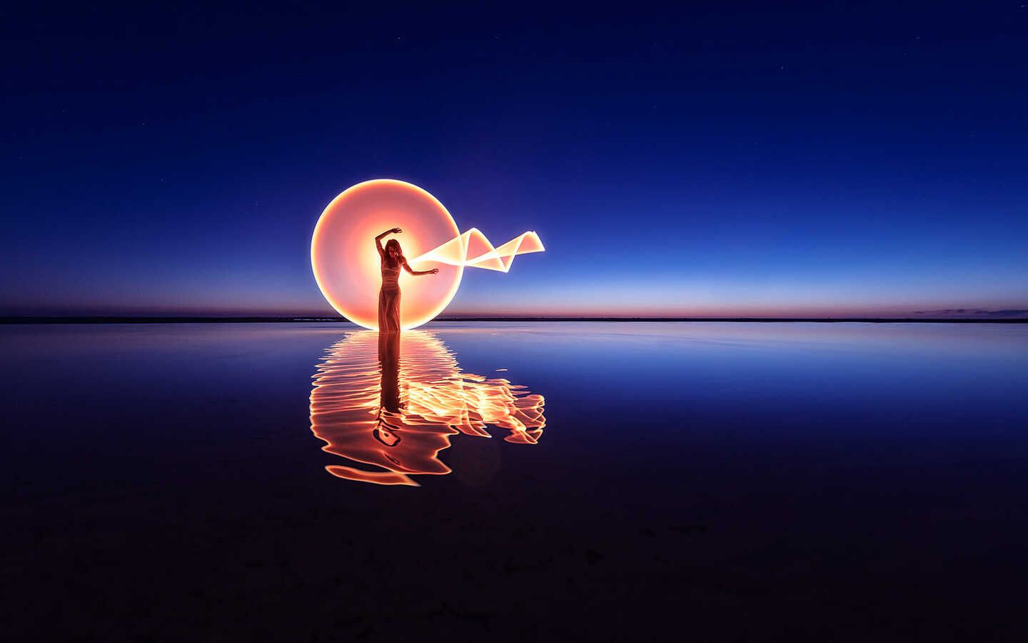 Silhouette, Lichtkunst, Wasser, Spiegelung, Blaue Stunde, HD, Breitbild-Hintergrundbild