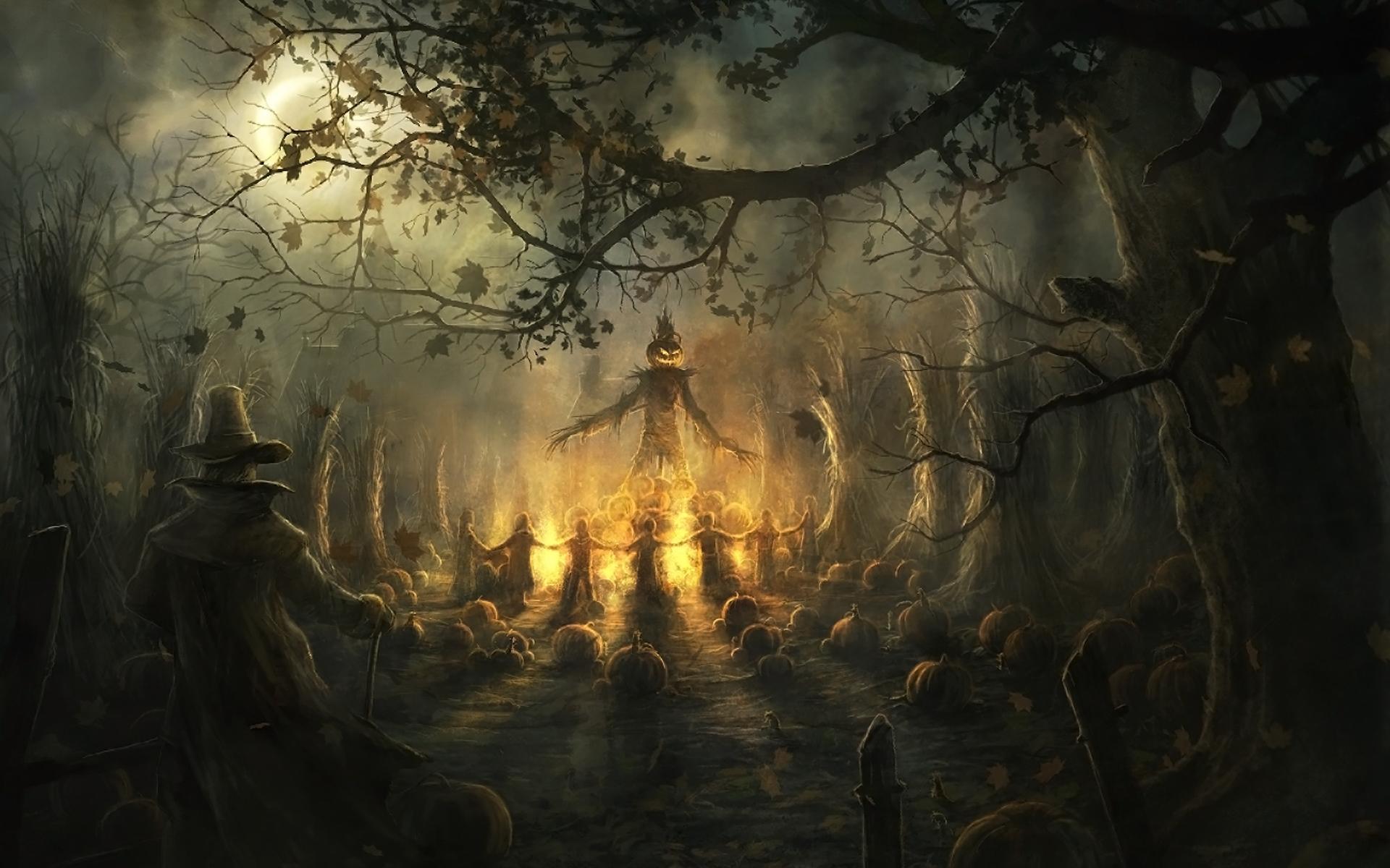 Halloween, Vogelscheuche, Kürbisse, Wald, Laternenlicht, Full HD, MacBook-Hintergrundbild