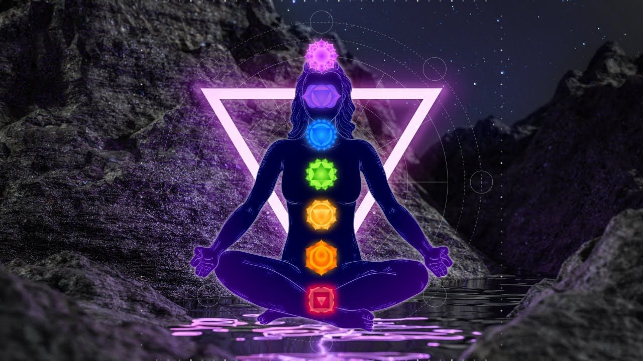 Meditation, Lotussitz, Sieben Chakren, Neon-Dreieck, Felsen, Nacht, HD, Laptop-Hintergrundbild