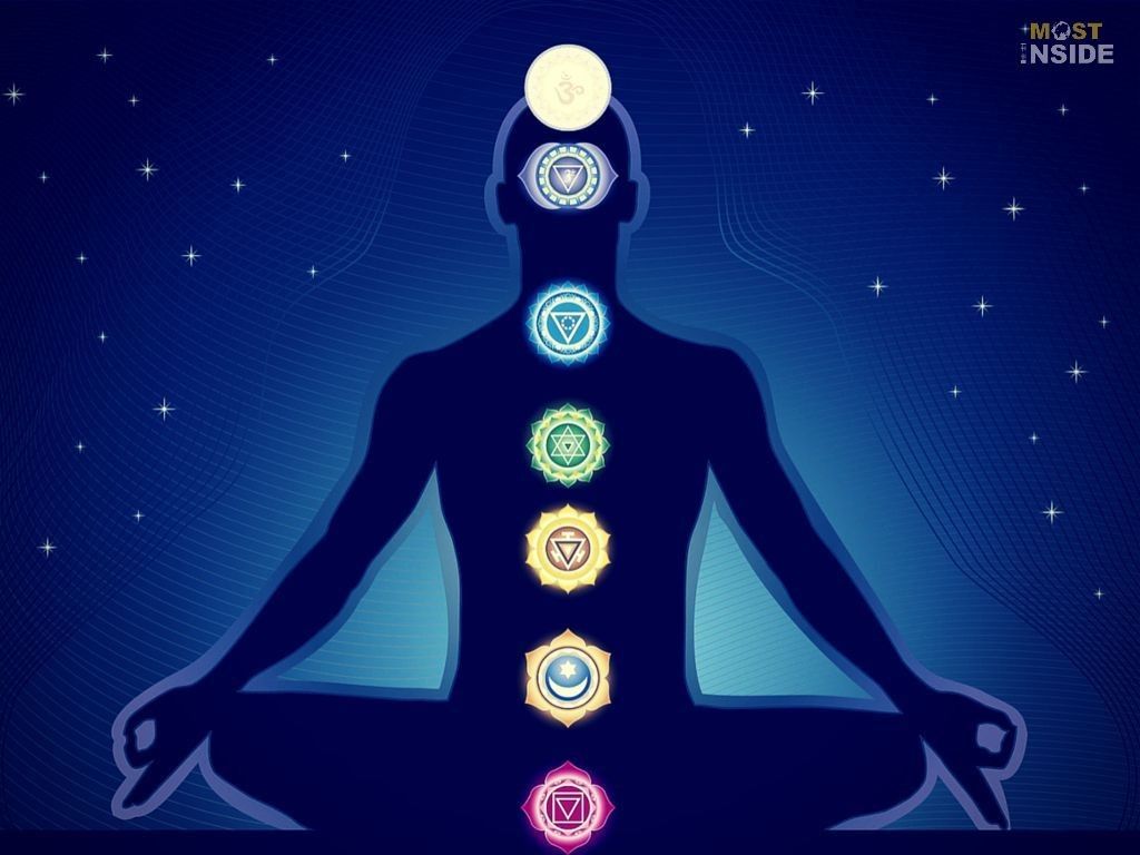 Meditation, Sieben Chakren, Silhouette, Sternenhimmel, Dunkelblau, Hintergrundbild fürs iPad