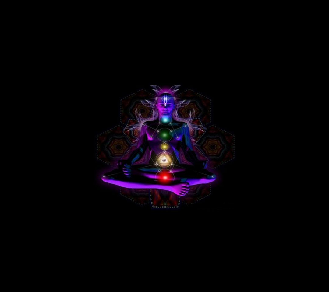 Meditation, Chakren, Neonlicht, Schwarzer Hintergrund, Lila, Wallpaper