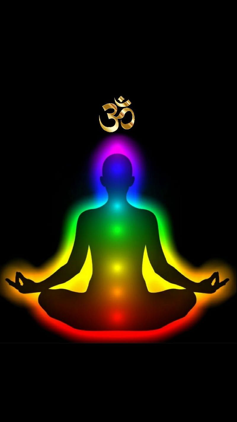 Om-Symbol, Meditation, Regenbogen-Aura, Silhouette, Schwarzer Hintergrund, Sperrbildschirm fürs iPhone