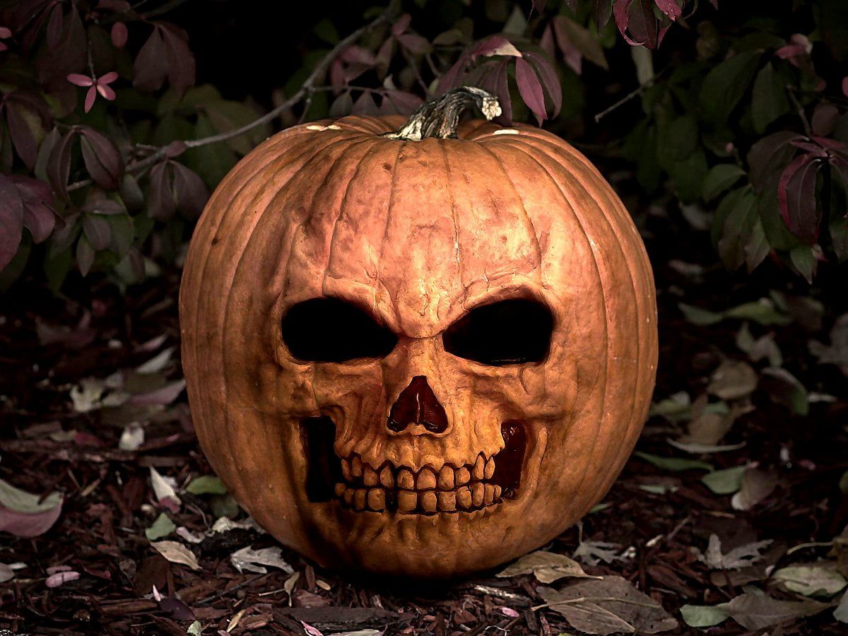 Kürbis, Totenkopf-Schnitzerei, Halloween, Herbstlaub, Orange, Hintergrundbild fürs iPad