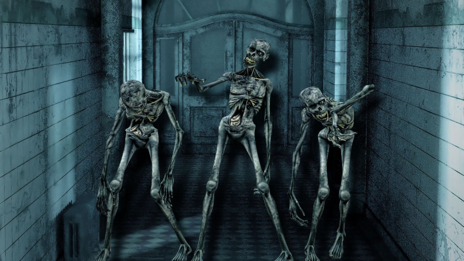 Skelette, Zombies, Verlassenes Krankenhaus, Flur, Blaugrau, Full HD, Desktop-Hintergrund