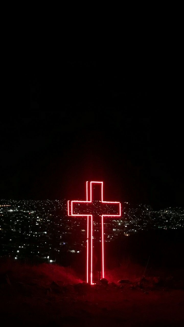 Neonkreuz, Rotes Leuchten, Stadtlichter, Nacht, Schwarzer Hintergrund, Sperrbildschirm fürs iPhone
