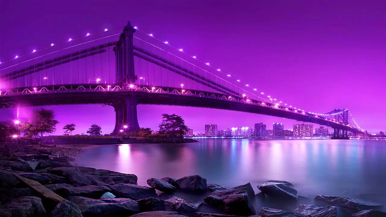 Manhattan Bridge, New York City, East River, Nacht, Lila Licht, Skyline, HD, Breitbild-Hintergrundbild