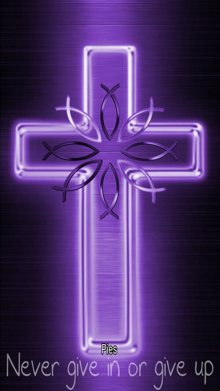 Neonkreuz, Never give in or give up, Lila Leuchten, Dunkel, HD, Handy-Hintergrundbild