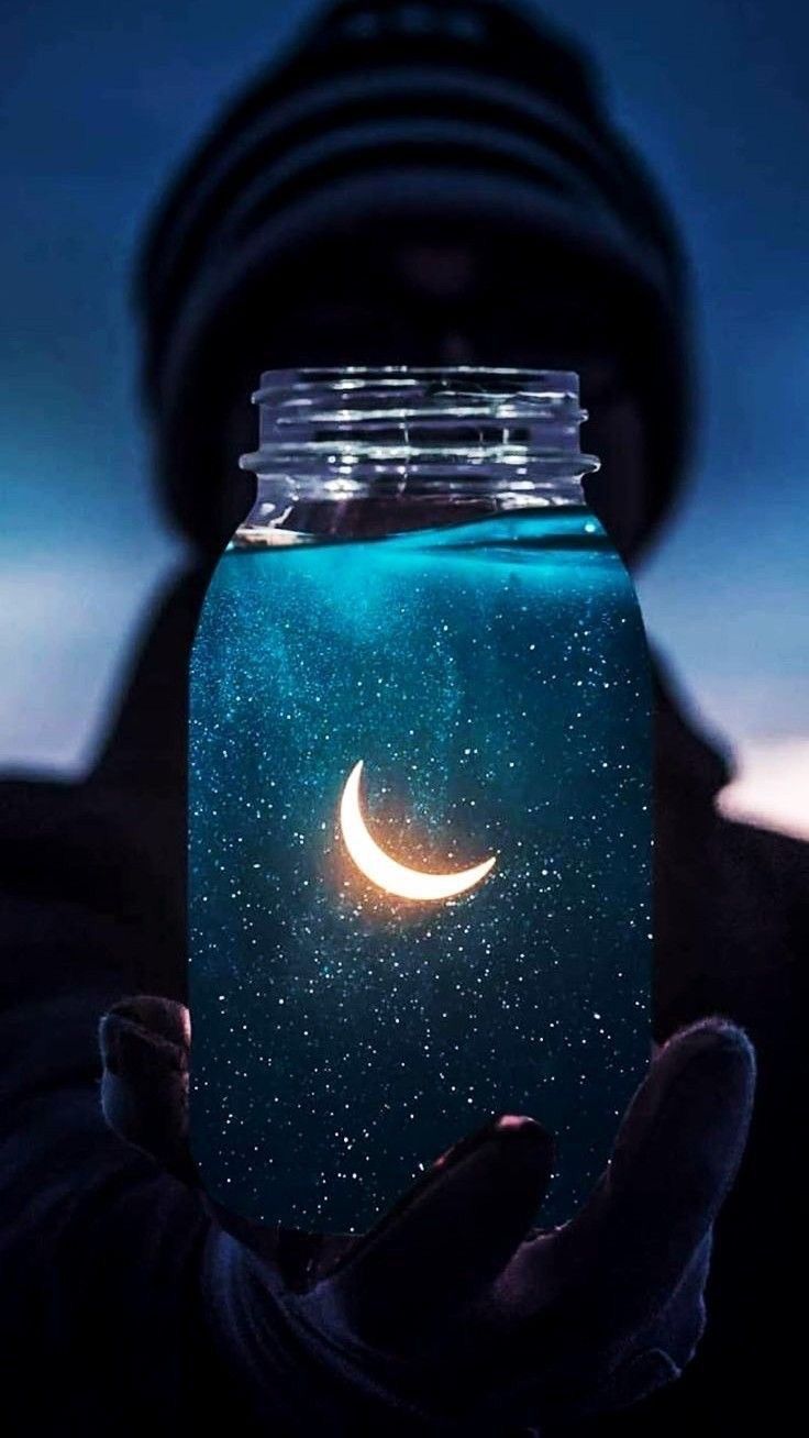 Einmachglas, Mondsichel, Sternenhimmel, Hände, Fantasy, Blau, HD, Handy-Hintergrund