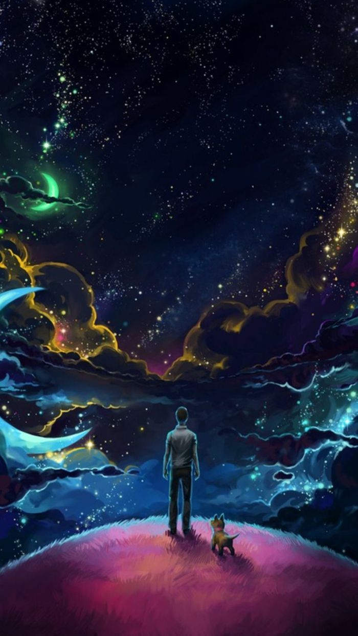 Fantasy-Kunst, Planet, Silhouette, Hund, Nachthimmel, Digitale Kunst, Hintergrundbild fürs Handy